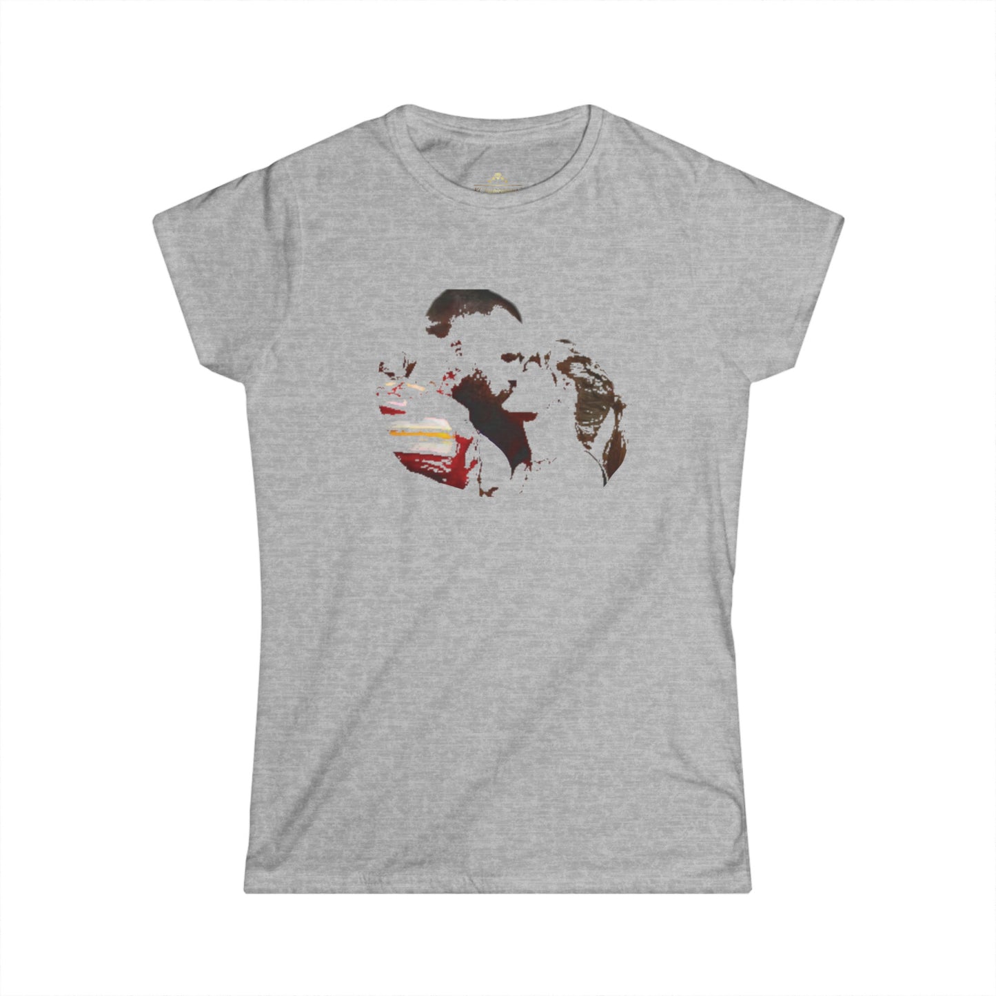 A red Swelce Kiss 89 - Kansas City Chiefs Inspired Women's T-Shirt by Printify with a minimalist abstract design in the center. The semi-fitted shirt showcases a stylized, partially obscured silhouette of two people facing opposite directions. Made from 100% ringspun cotton, it features short sleeves and offers a casual yet comfortable fit.