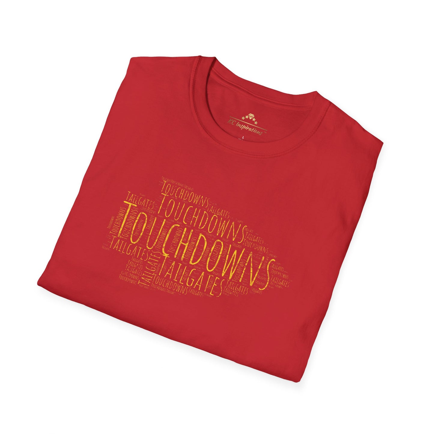 A red Tailgates & Touchdowns Arrow - Kansas City Chiefs Inspired T-Shirt with gold word art forming the shape of a U.S. state. The words "Tailgates & Touchdowns" are prominently featured along with other football-related terms, perfect fan gear for Kansas City Chiefs enthusiasts from KC Inspirations.