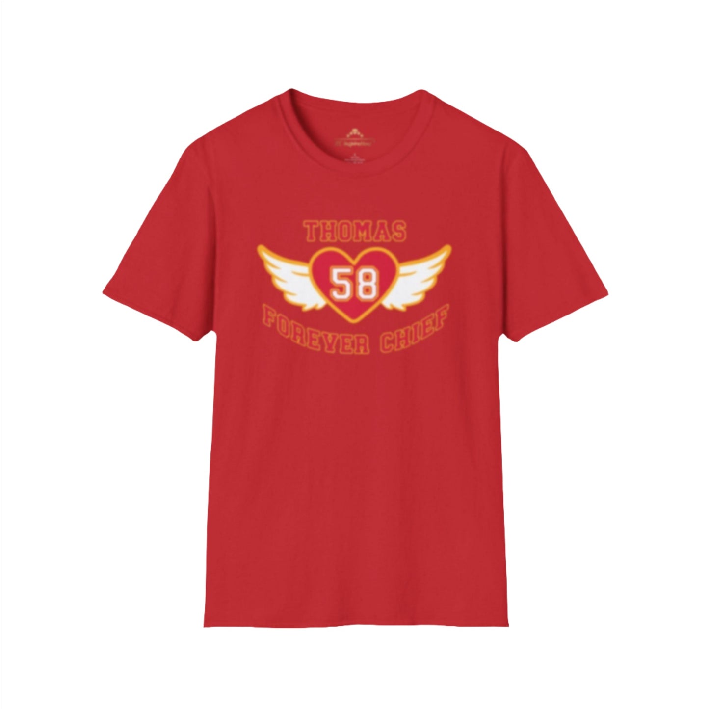 a red unisex t-shirt with graphics that say Thomas Forever Chief with a heart and angel wings and the number 58 inside the heart