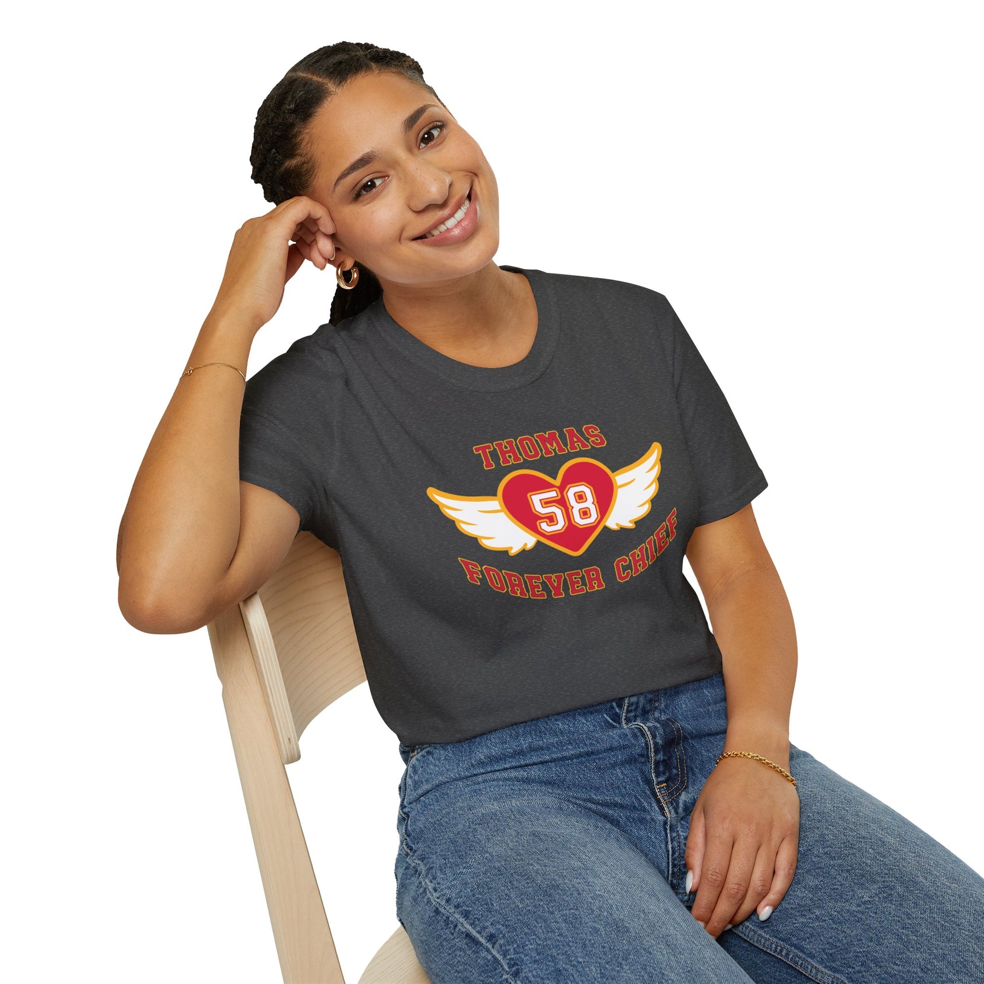 a red unisex t-shirt with graphics that say Thomas Forever Chief with a heart and angel wings and the number 58 inside the heart