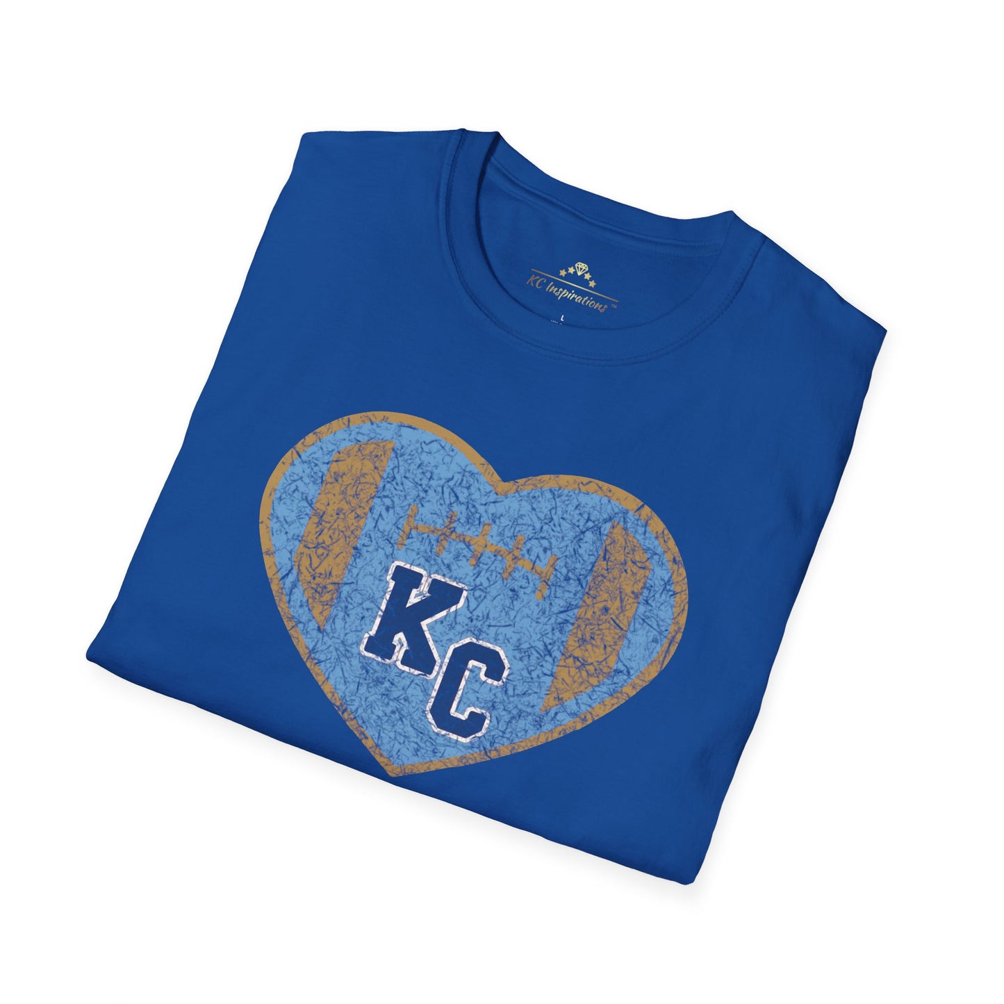 Blue short-sleeve t-shirt featuring a large Kansas City Royals heart graphic on the chest. Inside the heart are the letters "KC" set against a baseball-inspired background, perfect for showing off your Royals fandom. The shirt maintains a simple crew neck style. This is the Vintage KC Heart Blue & Gold - Kansas City Royals Inspired T-Shirt by KC Inspirations.