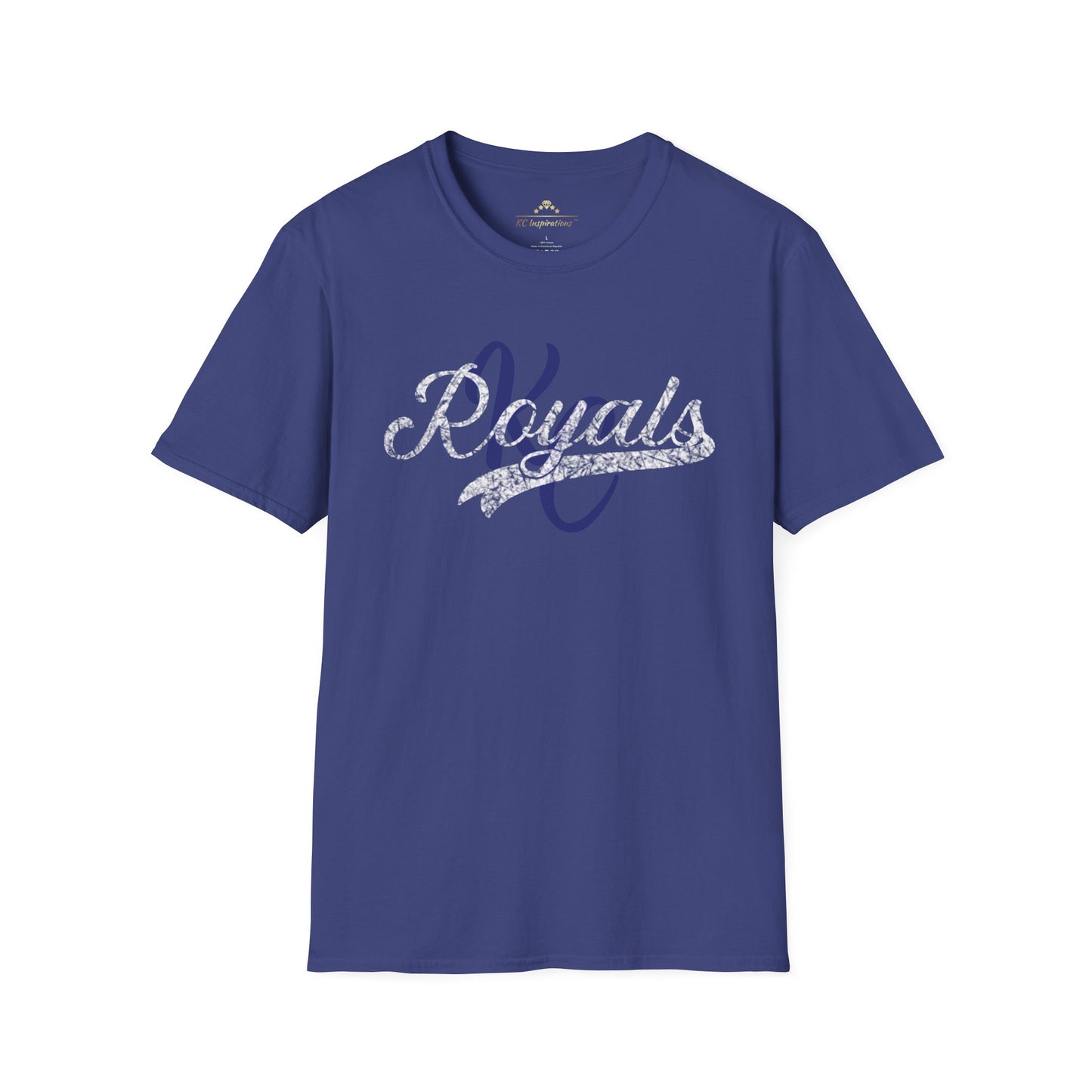 A gray vintage t-shirt featuring the word "Royals" in distressed graphics, written in a decorative script font across the chest in white and dark blue lettering. The short-sleeved Royal KC Semi Distressed - Kansas City Royals Inspired T-Shirt by KC Inspirations is displayed against a plain white background.