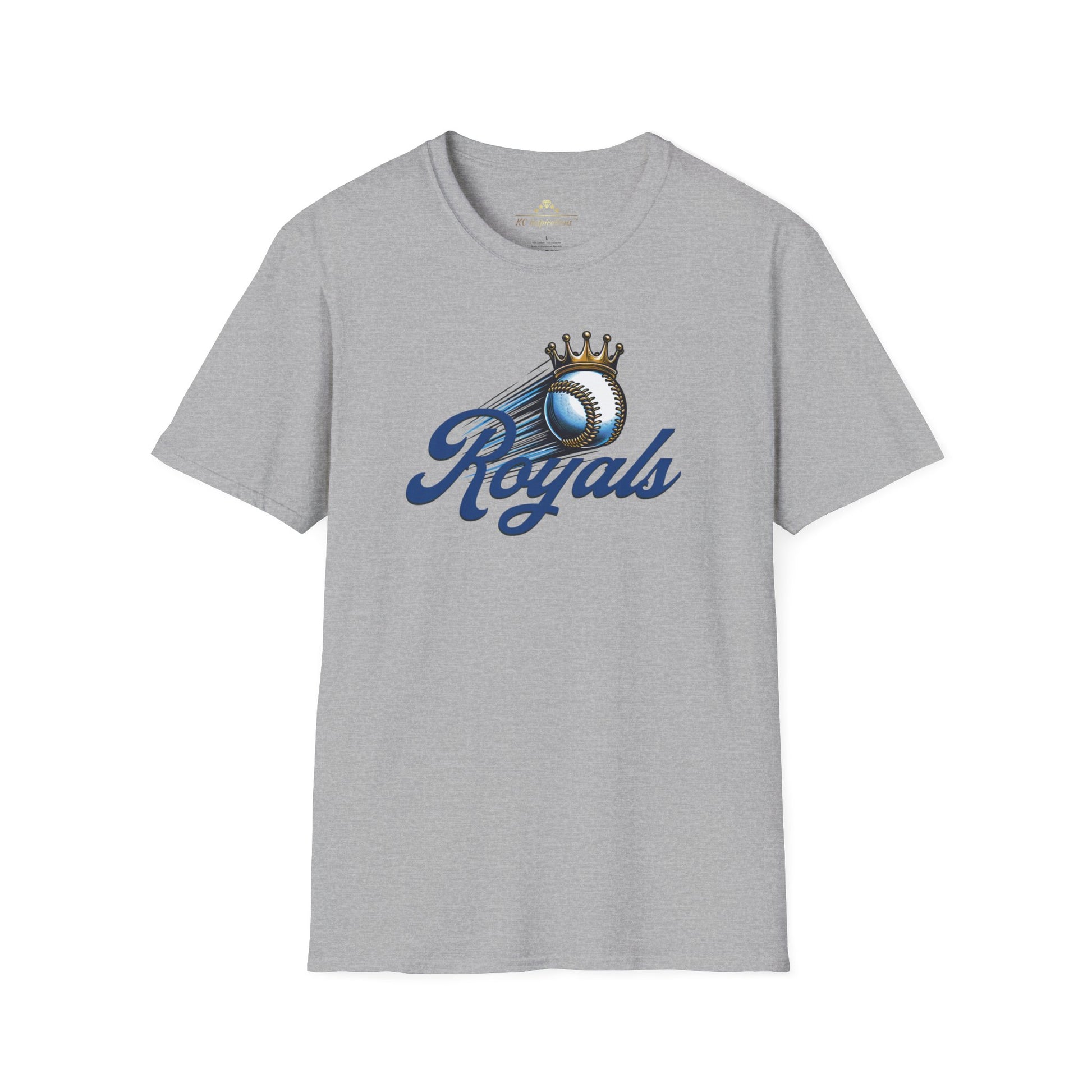 A Blue Streak Baseball - Kansas City Royals Inspired T-Shirt featuring the word "Royals" in a scripted font. Above the text is a baseball with a crown, suggesting it's a royalty-themed baseball team logo. Part of the Royals fandom collection by KC Inspirations, this modern fit shirt is displayed against a plain white background.