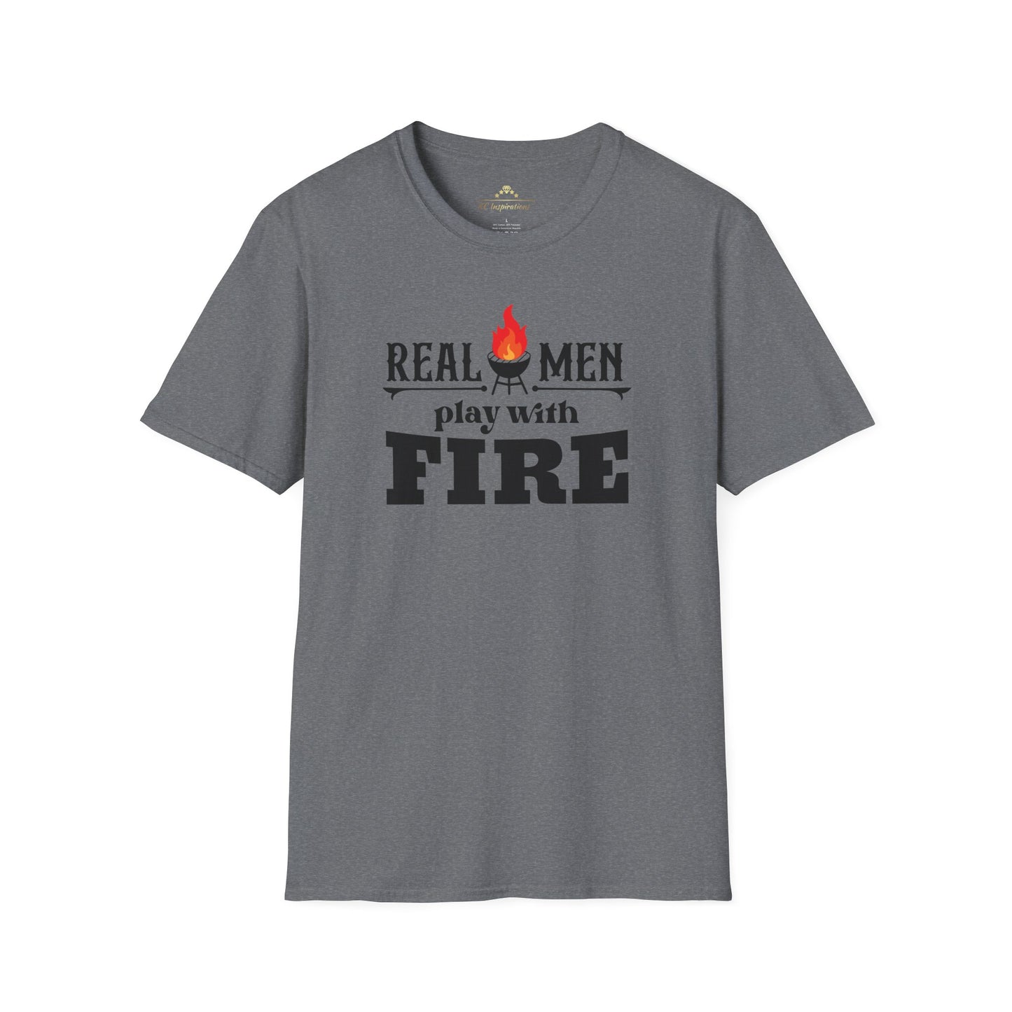 A gray-green Real Men Play With Fire - K.C. BBQ Inspired T-Shirt, featuring bold black letters and a flame icon above the "i" in "fire," is made from breathable lightweight fabric. Perfect for a casual ensemble, this shirt by KC Inspirations is displayed on a plain white background.