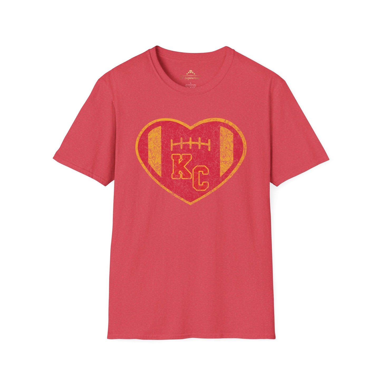 The KC Inspirations Vintage KC Heart Red & Gold - Kansas City Chiefs Inspired T-Shirt is a black T-shirt featuring a heart-shaped design in the center with a red and gold color scheme. Inside the heart is a football and the letters "KC," symbolizing Kansas City football. The vintage KC Heart design has distressed graphics, giving it an authentic, worn-in look.