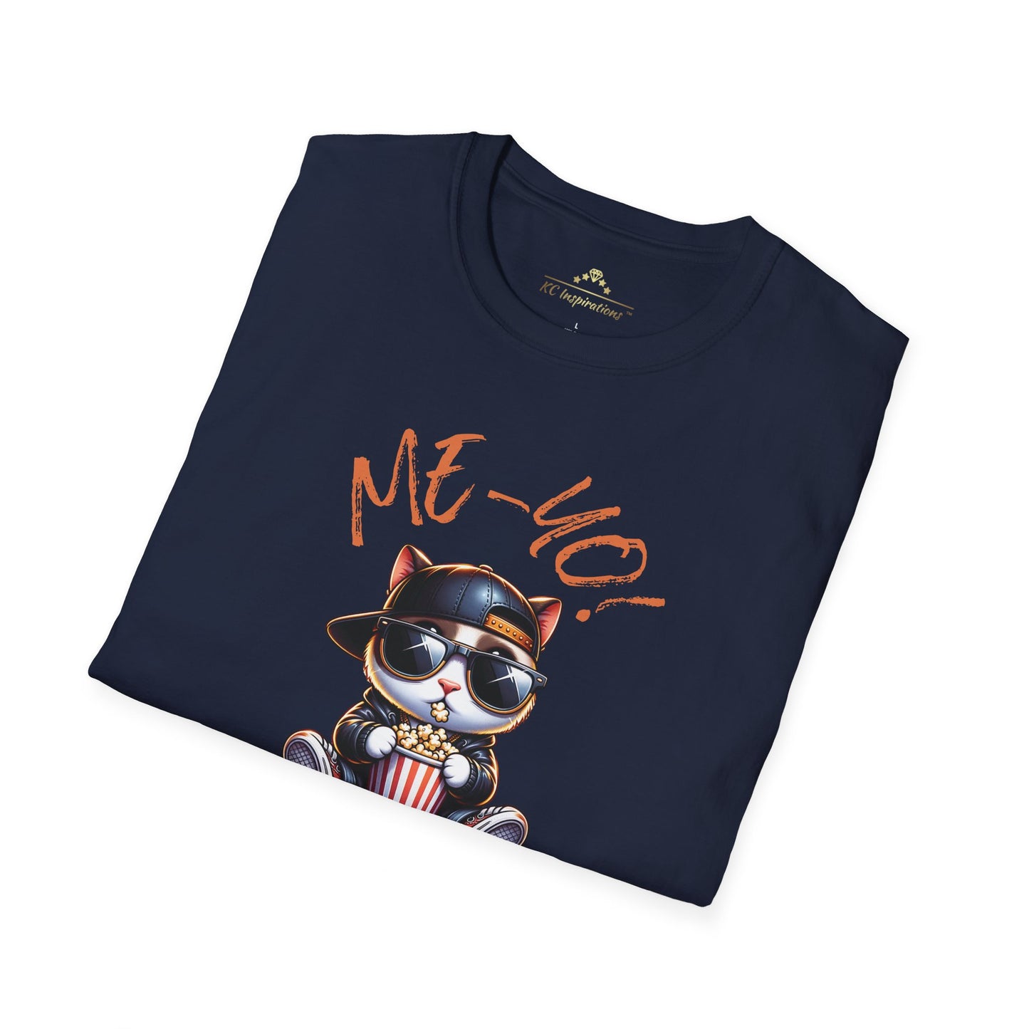 A navy blue KC Inspirations Me-Yo! - KC Kitty T-Shirt featuring a cartoon cat known as KC Kitty, wearing sunglasses and a hat, holding popcorn with the text "ME-YO!" above and "What's Up, Kansas City?" below. Perfect for cat lovers!