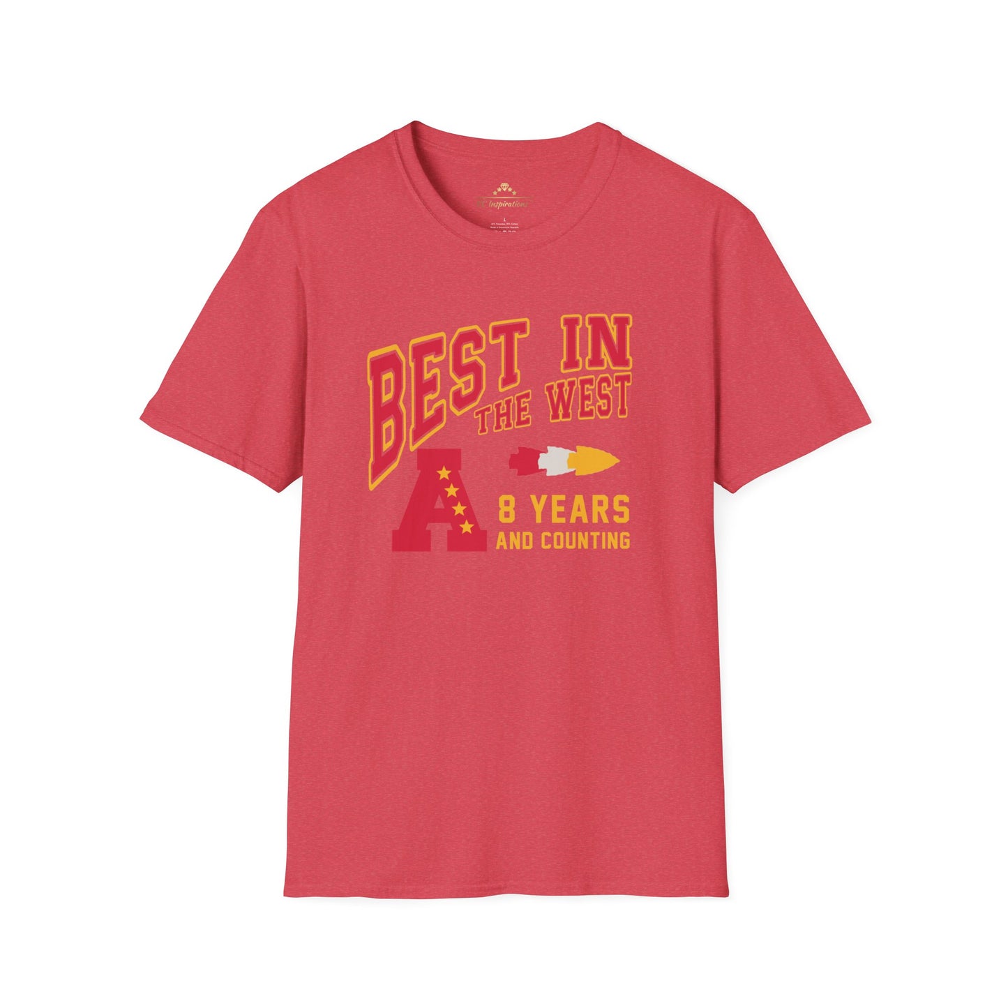 A red KC Inspirations Best In The West - Kansas City Chiefs Inspired T-Shirt featuring the text "Best in the West" in large yellow and red font. Below it reads "8 Years and Counting" with three small illustrations: a yellow trophy, a white football, and a yellow rocket—perfect for celebrating the Kansas City Chiefs' AFC West Division Title.