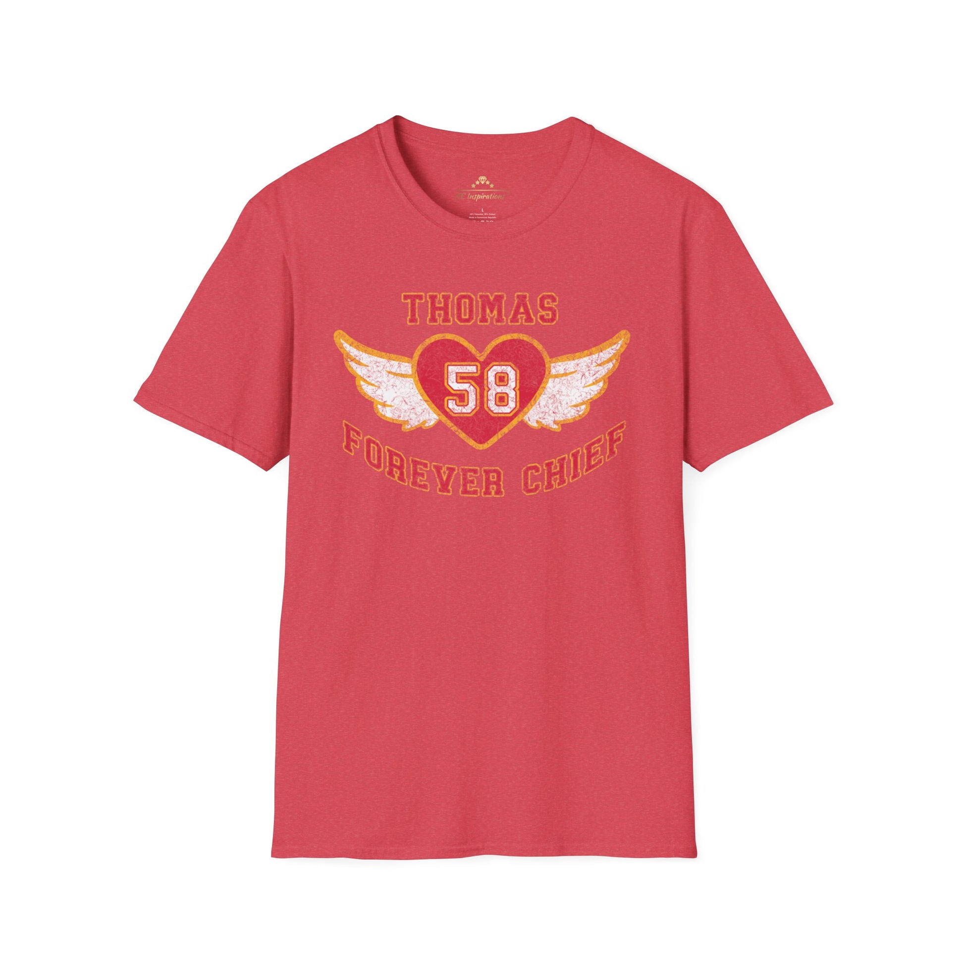 #58 Forever Chief Tribute - Vintage - Kansas City Chiefs Inspired T-Shirt by KC Inspirations featuring a vintage throwback design with the text "THOMAS 58 FOREVER CHIEF" in red and yellow letters. The number 58 is displayed inside a red heart with white wings on either side, paying homage to Derrick Thomas and the Kansas City Chiefs.