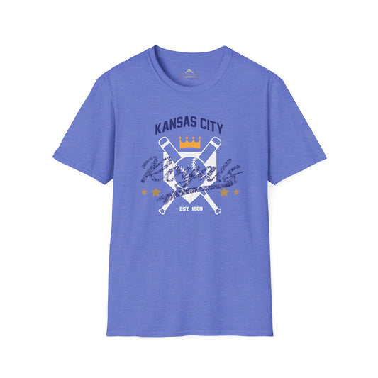 A blue T-shirt with the text "Kansas City Royals" at the top, a yellow crown above crossed baseball bats in the center, and "EST. 1969" below. The KC Royal Graphic Blend - Kansas City Royals Inspired T-Shirt from KC Inspirations also features the Royals' logo with two stars on either side, showcasing true team spirit.