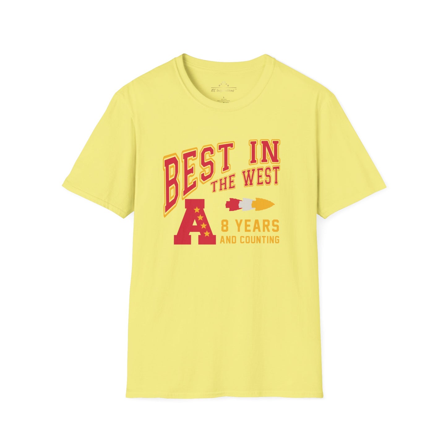 A yellow "Best In The West - Kansas City Chiefs Inspired T-Shirt" from KC Inspirations with bold red text proclaiming "8 YEARS AND COUNTING." Featuring a standout red letter "A" with stars, this design celebrates the Kansas City Chiefs' dominance in the AFC West Division Title race.