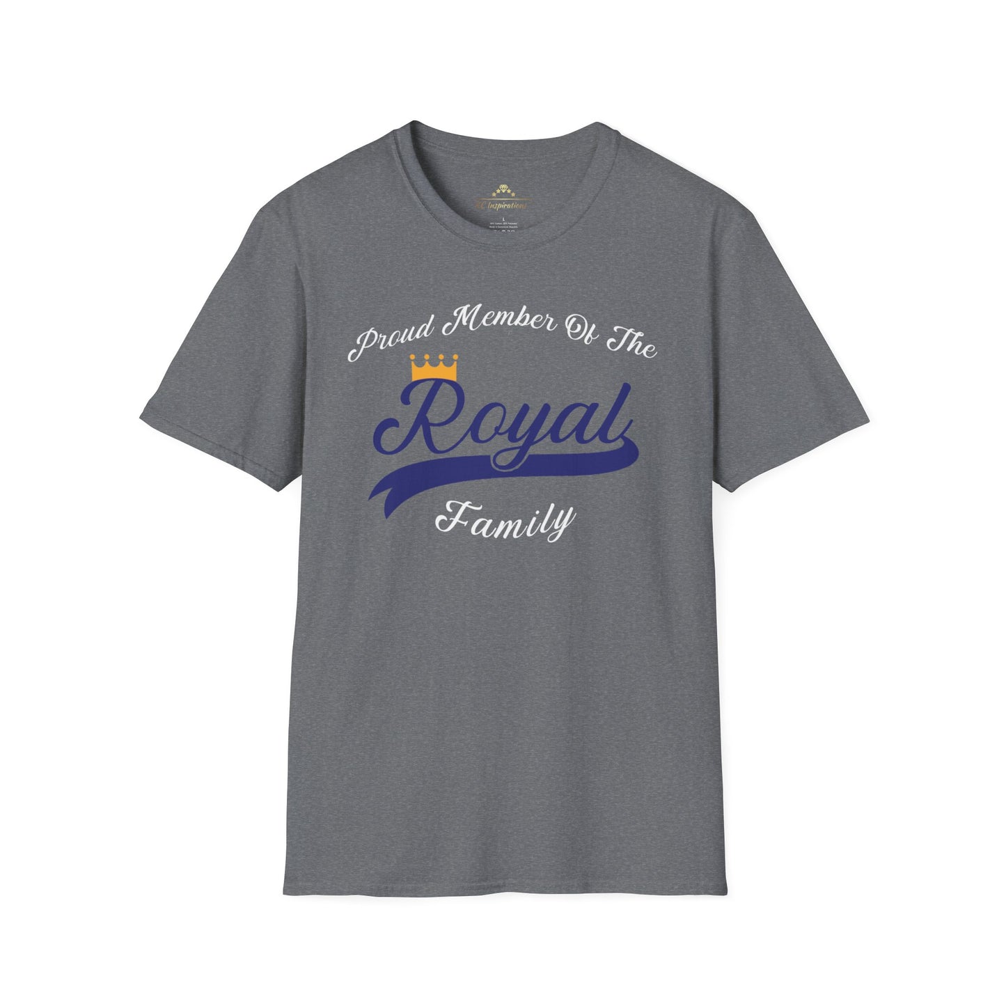 A light blue Member Of The Royal Family - Kansas City Royals Inspired T-Shirt by KC Inspirations features white and dark blue text proclaiming, "Proud Member of The Royal Family," complete with a small crown above "Royal," capturing team spirit in true Kansas City Royals style.