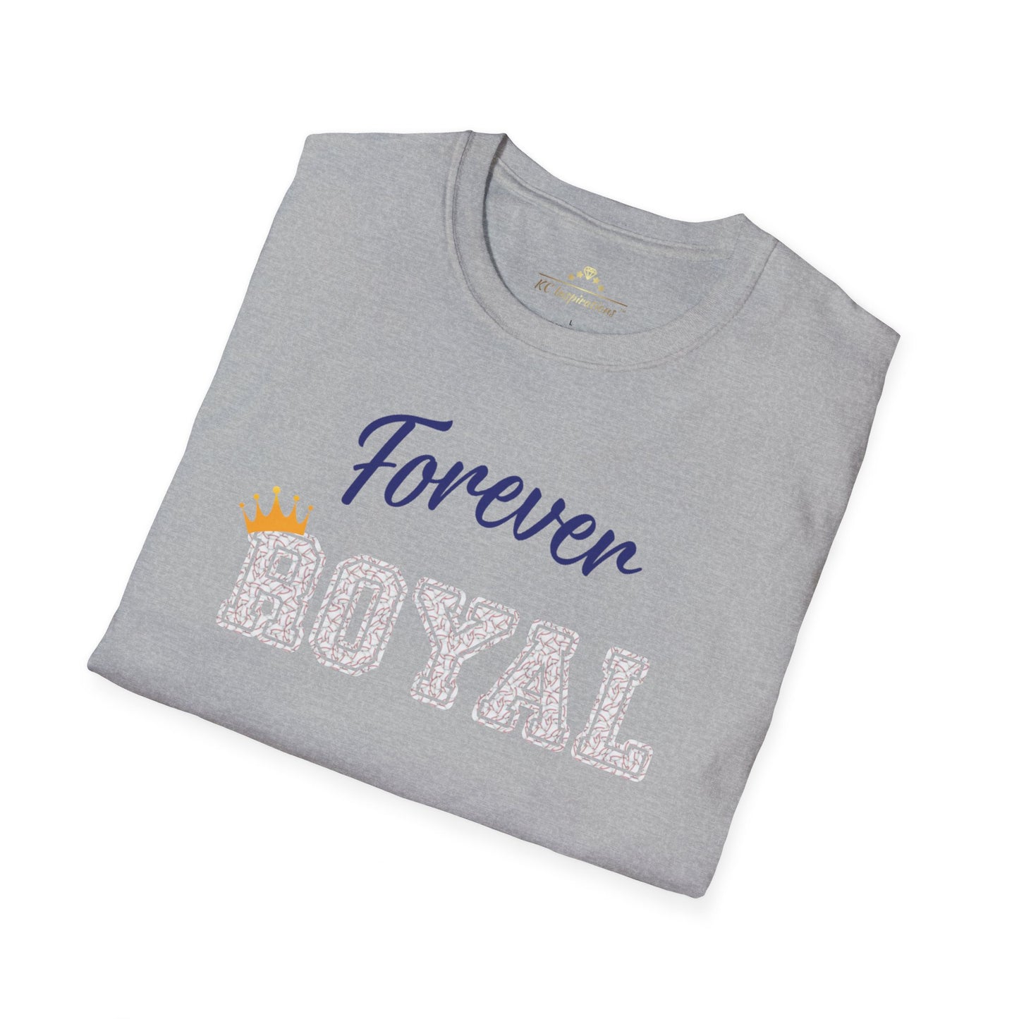 A gray t-shirt from the KC Inspirations collection featuring the text "Forever Royal" printed on the front in blue and white letters, with a small crown accent above "Royal," perfect for Kansas City Royals fans. The product, Forever Royal Baseball - Kansas City Royals Inspired T-Shirt, embodies team spirit and pride.