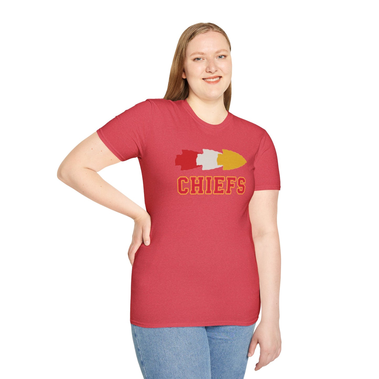 A black t-shirt perfect for game day attire, featuring a stylized arrowhead design in red, white, and yellow above the word "CHIEFS" in bold, red letters outlined in yellow. Show your Kansas City Chiefs pride with this standout piece. The Triple Arrowhead - Kansas City Chiefs Inspired T-Shirt by KC Inspirations is just what you need!