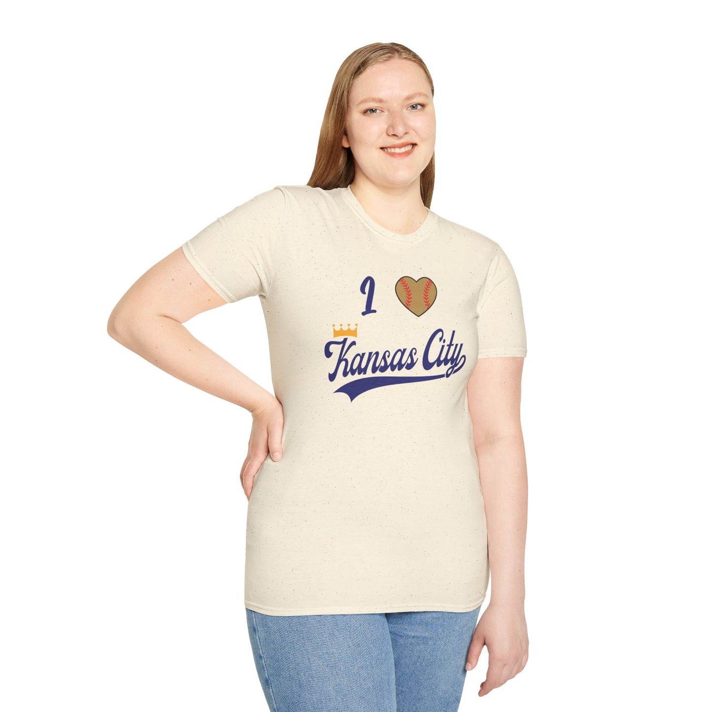 A light gray "I Heart Kansas City - Kansas City Royals Inspired T-Shirt" by KC Inspirations showcases team spirit with the text "I (heart) Kansas City" in blue script, where the heart is designed to resemble a baseball. Positioned across the chest, this Kansas City Royals-inspired design lays flat against a white background.