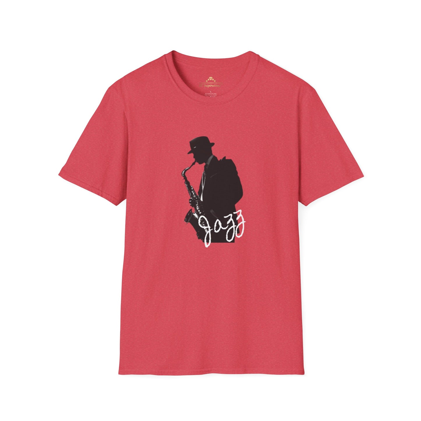 The Saxophonist - KC Jazz Inspired T-Shirt by KC Inspirations is a blue t-shirt featuring a black silhouette of a saxophonist wearing a hat, with the word "Jazz" written in white cursive text below the image. Perfect for music lovers and fans of Kansas City Jazz.