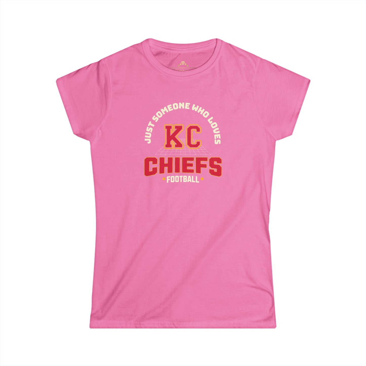 A red Kansas City Chiefs t-shirt with a design in the center that says "Just Someone Who Loves KC Chiefs Football" in white and yellow text. The letters "KC" are prominently displayed in a larger, bold font, making it perfect team spirit apparel for tailgating wear. This is the Just Someone Who Loves - Kansas City Chiefs Inspired Women's T-Shirt by KC Inspirations.