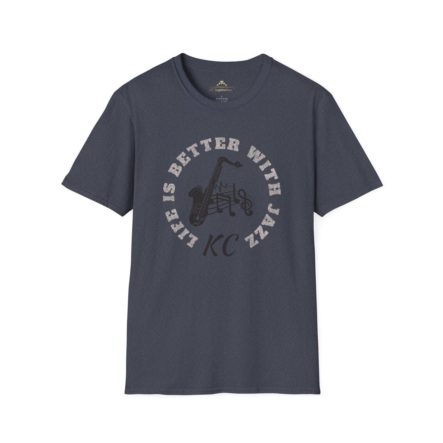 A dark blue Life Is Better With Jazz - K.C. Jazz Inspired T-Shirt by KC Inspirations with the text "Life is Better with Jazz" encircling a graphic of a saxophone and musical notes, perfect for Kansas City jazz enthusiasts. The letters "KC" are printed below the saxophone in stylized font, making it an ideal choice for music lovers.