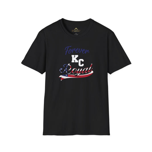 A black t-shirt with "Forever KC Royal" printed on it. The word "KC" is in bold white letters, "Royal" has an American flag pattern, and "Forever" is in blue cursive, perfect for showing team spirit as part of the Forever Royal American - Kansas City Royals Inspired T-Shirt collection by KC Inspirations.