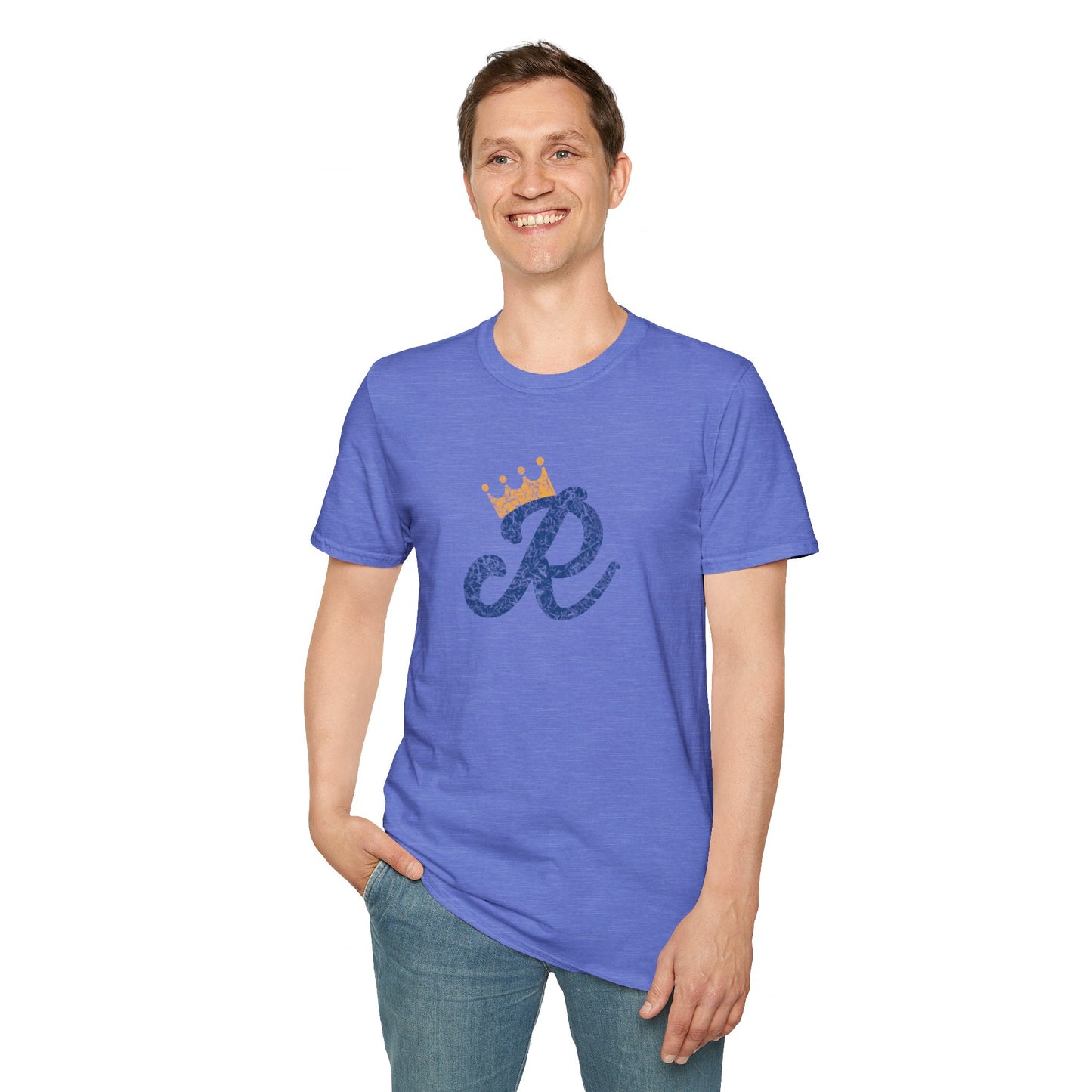 A Royal Monogram - Kansas City Royals Inspired T-Shirt by KC Inspirations in blue features a stylized letter "R" in dark blue textured print on the front, with a small golden crown above it. Perfect for Royals fandom, this short-sleeved tee has a classic crew neckline.