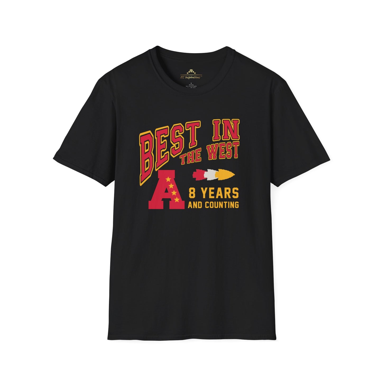 A black Best In The West - Kansas City Chiefs Inspired T-Shirt by KC Inspirations with the text "BEST IN THE WEST" in bold red and yellow letters. Below is a large red "A" with stars, next to the text “8 YEARS AND COUNTING” in yellow. The shirt also features small graphics of a rocket and a state outline, celebrating the Kansas City Chiefs' AFC West Division Title.