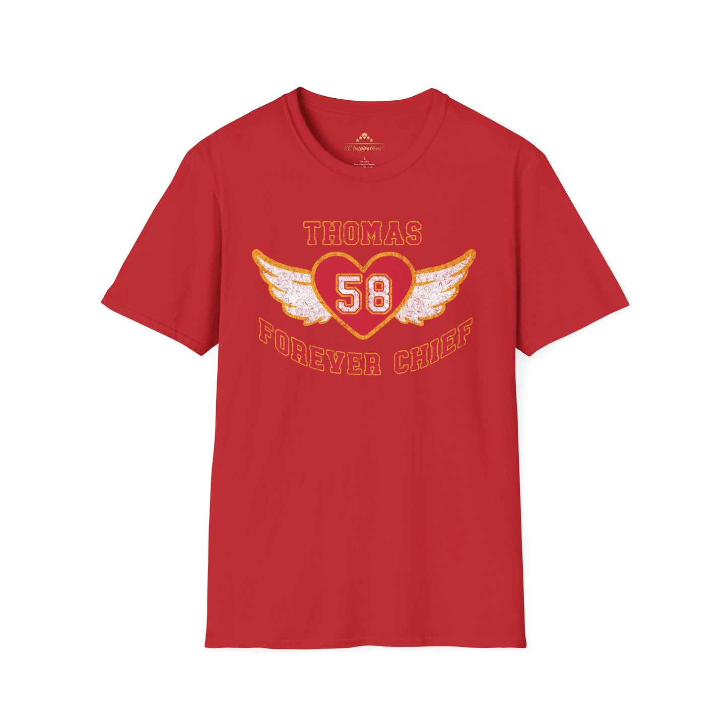 #58 Forever Chief Tribute - Vintage - Kansas City Chiefs Inspired T-Shirt by KC Inspirations featuring a vintage throwback design with the text "THOMAS 58 FOREVER CHIEF" in red and yellow letters. The number 58 is displayed inside a red heart with white wings on either side, paying homage to Derrick Thomas and the Kansas City Chiefs.