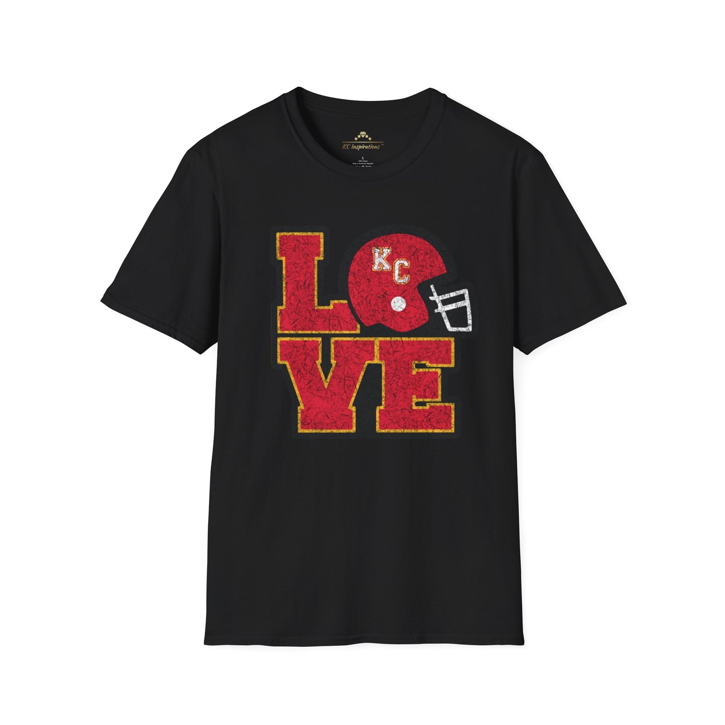 A KC Inspirations LOVE KC - Distressed - Kansas City Chiefs Inspired T-Shirt featuring a vintage feel graphic design with the word "LOVE" in bold red and yellow letters. Instead of the letter "O," there is a red football helmet with the letters "KC" on it, showcasing your LOVE KC and support for the Kansas City Chiefs.