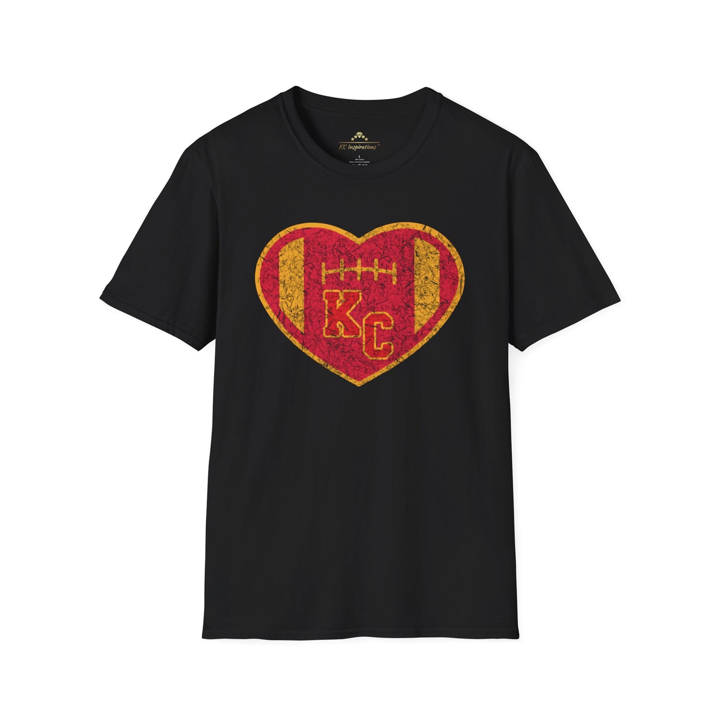 The KC Inspirations Vintage KC Heart Red & Gold - Kansas City Chiefs Inspired T-Shirt is a black T-shirt featuring a heart-shaped design in the center with a red and gold color scheme. Inside the heart is a football and the letters "KC," symbolizing Kansas City football. The vintage KC Heart design has distressed graphics, giving it an authentic, worn-in look.