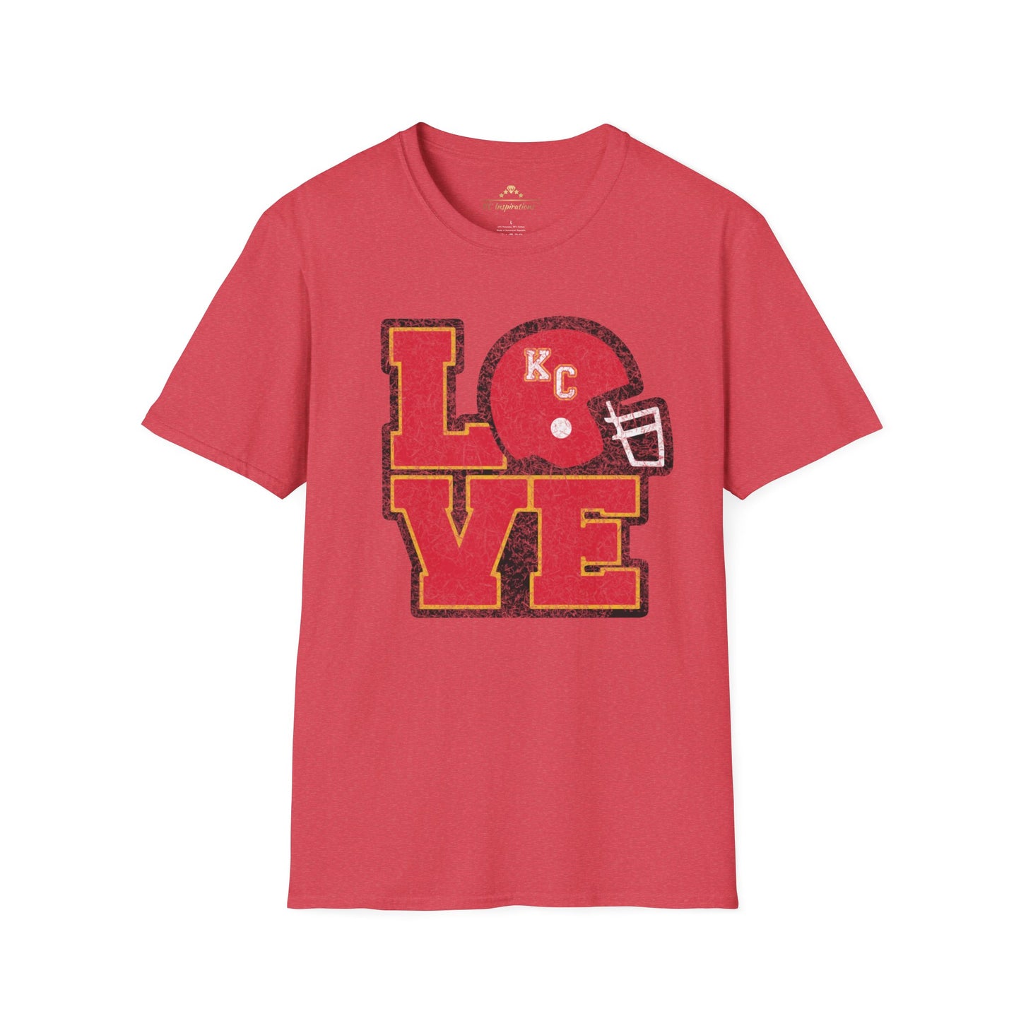 A KC Inspirations LOVE KC - Distressed - Kansas City Chiefs Inspired T-Shirt featuring a vintage feel graphic design with the word "LOVE" in bold red and yellow letters. Instead of the letter "O," there is a red football helmet with the letters "KC" on it, showcasing your LOVE KC and support for the Kansas City Chiefs.