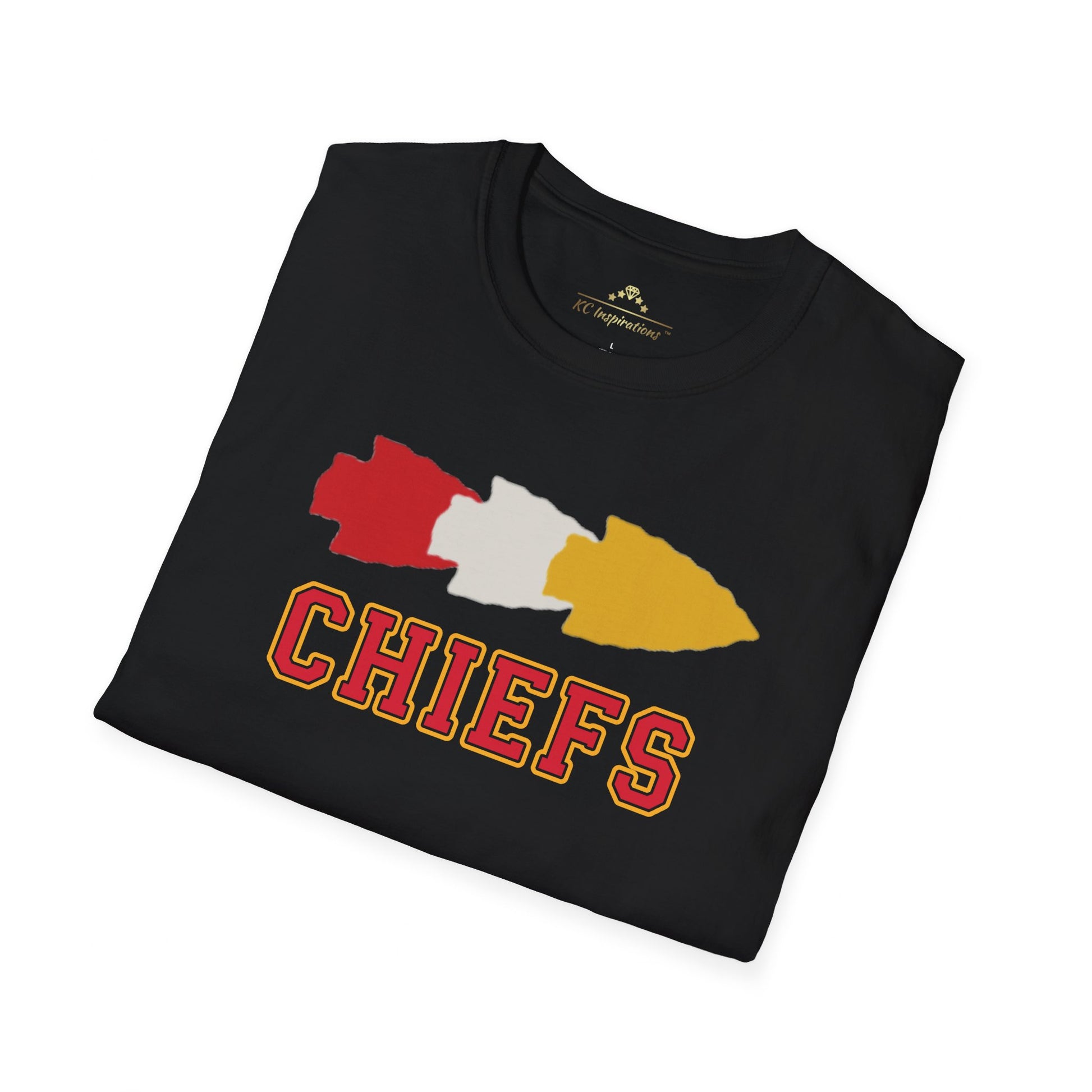 A black t-shirt perfect for game day attire, featuring a stylized arrowhead design in red, white, and yellow above the word "CHIEFS" in bold, red letters outlined in yellow. Show your Kansas City Chiefs pride with this standout piece. The Triple Arrowhead - Kansas City Chiefs Inspired T-Shirt by KC Inspirations is just what you need!