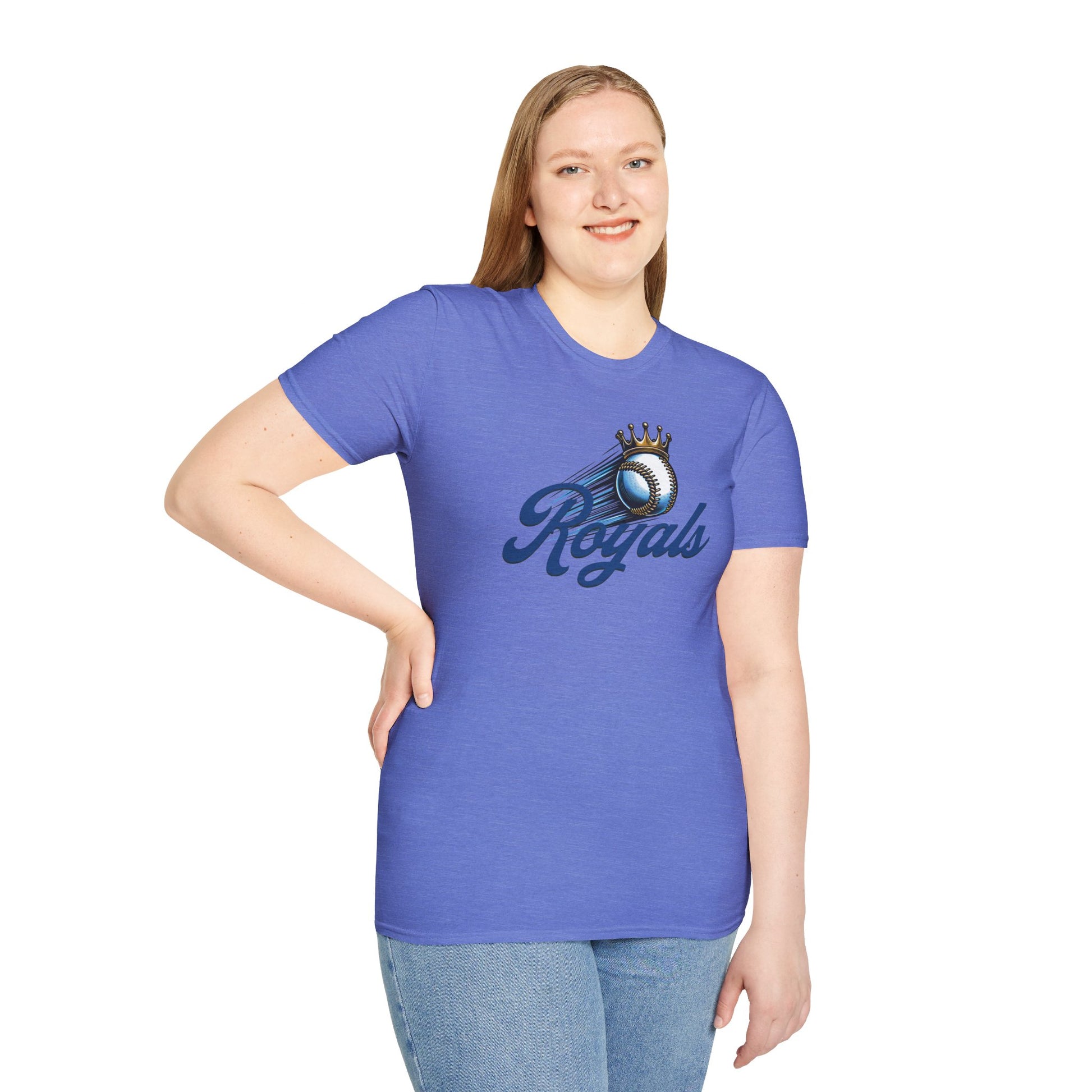 A Blue Streak Baseball - Kansas City Royals Inspired T-Shirt featuring the word "Royals" in a scripted font. Above the text is a baseball with a crown, suggesting it's a royalty-themed baseball team logo. Part of the Royals fandom collection by KC Inspirations, this modern fit shirt is displayed against a plain white background.