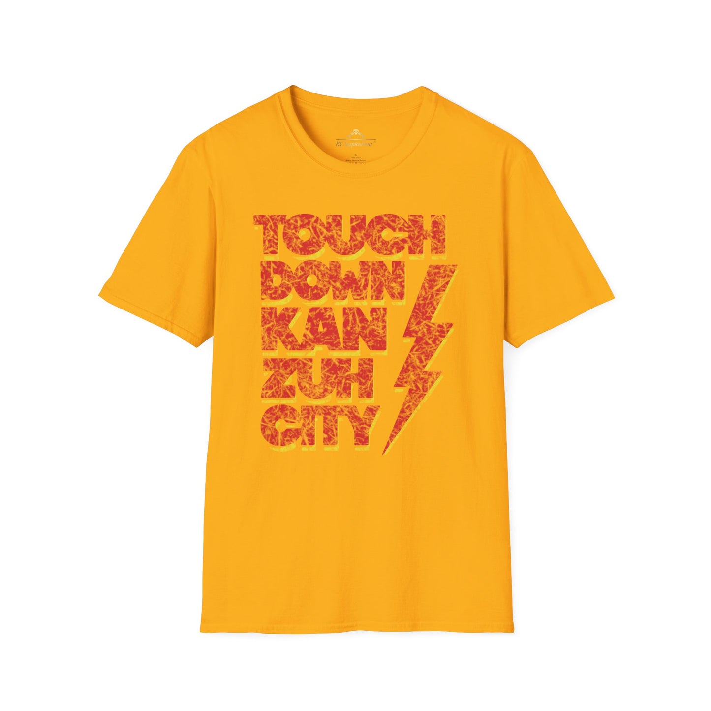 A **Touchdown KanZuhCity - Kansas City Chiefs Inspired T-Shirt** from **KC Inspirations** with a graphic design that reads "TOUCH DOWN KAN ZUS CITY" in bold, red and yellow distressed letters. A red and yellow lightning bolt graphic is located to the right of the text, making it perfect gameday gear for Kansas City Chiefs fans.