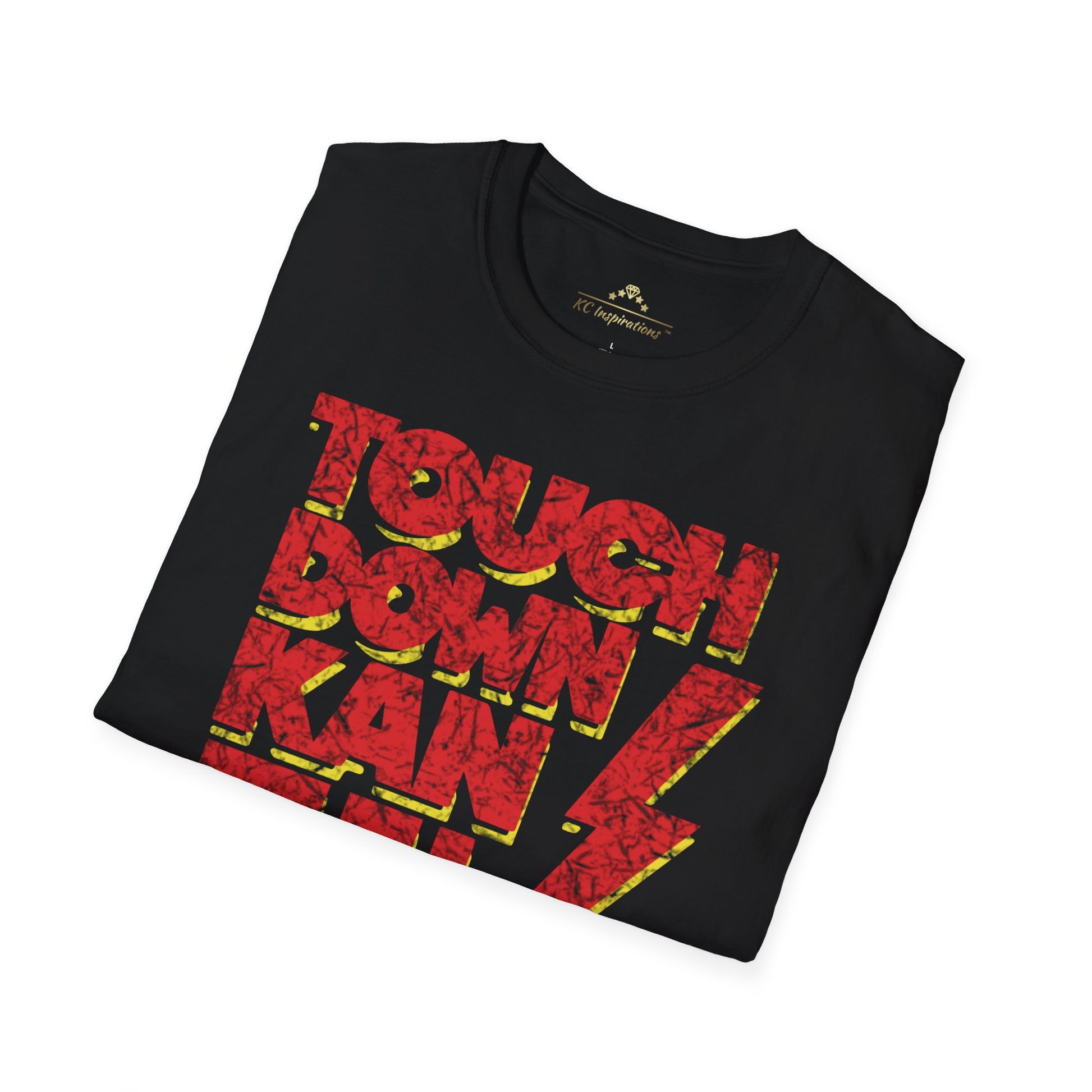 The Touchdown KanZuhCity - Kansas City Chiefs Inspired T-Shirt by KC Inspirations is a vintage black tee adorned with bold red text that reads "Touchdown KanZuhCity" and features a stylized red and yellow lightning bolt running alongside the text, making it perfect for Kansas City Chiefs fans.