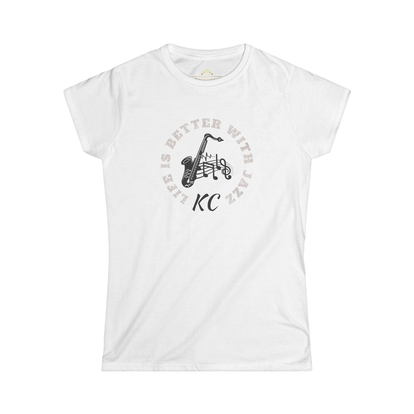 A red "Life Is Better With Jazz - K.C. Jazz Inspired Women's T-Shirt" by KC Inspirations showcases a stylish silhouette of a saxophone player amid musical notes. Encircling the image is the phrase, with "KC" at the bottom. Perfect for Kansas City jazz enthusiasts or as a standout piece at any jazz festival.