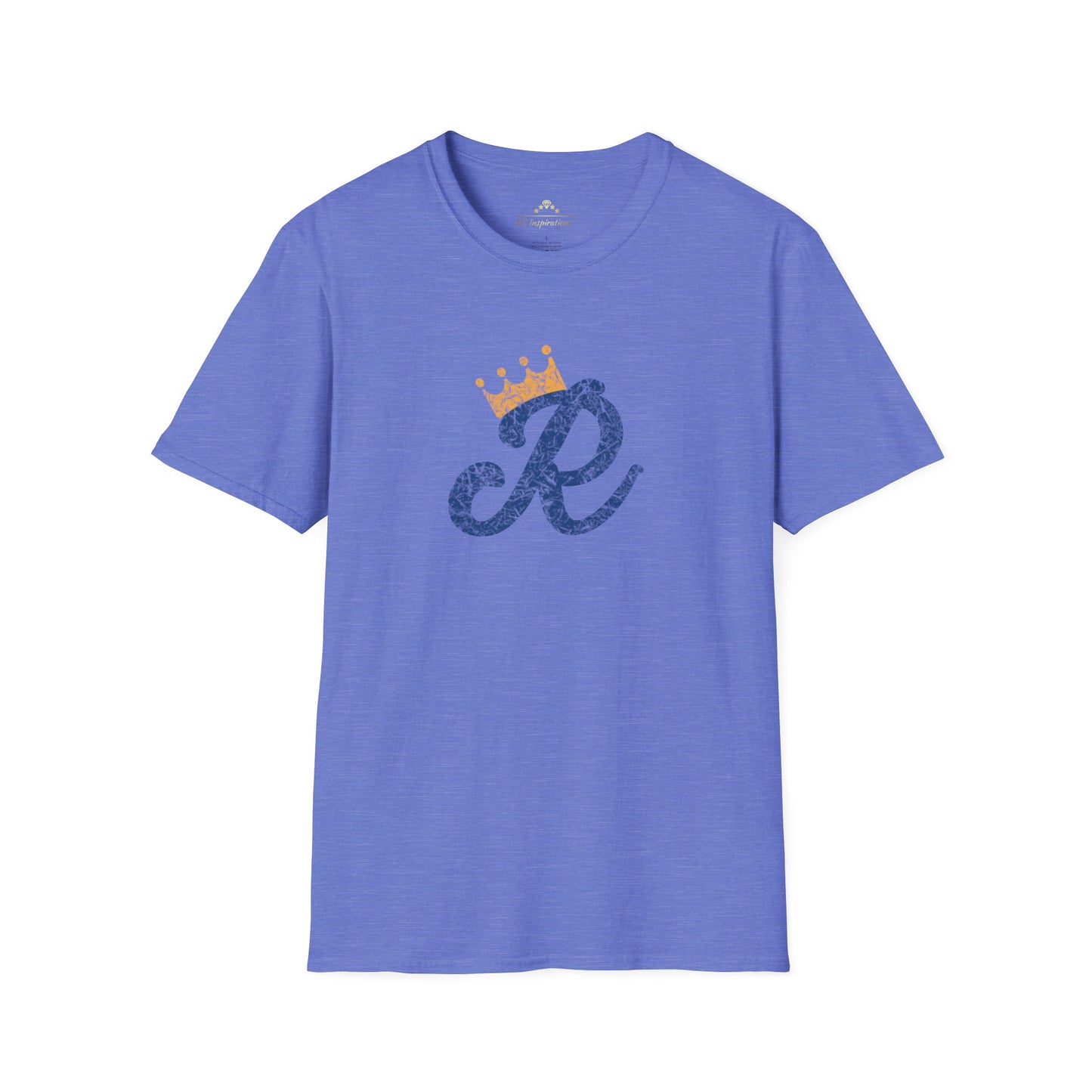 A Royal Monogram - Kansas City Royals Inspired T-Shirt by KC Inspirations in blue features a stylized letter "R" in dark blue textured print on the front, with a small golden crown above it. Perfect for Royals fandom, this short-sleeved tee has a classic crew neckline.