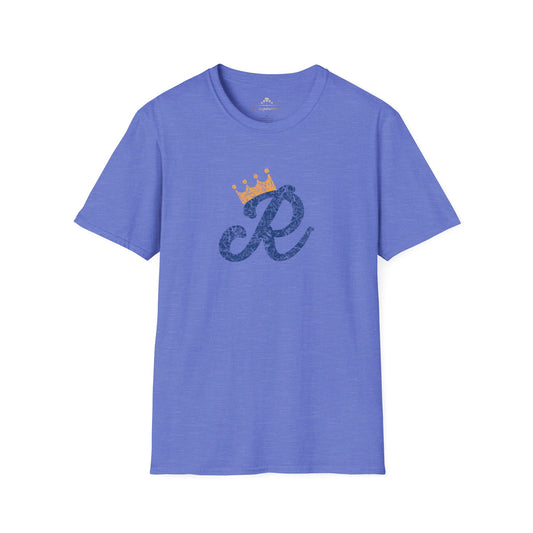 A Royal Monogram - Kansas City Royals Inspired T-Shirt by KC Inspirations in blue features a stylized letter "R" in dark blue textured print on the front, with a small golden crown above it. Perfect for Royals fandom, this short-sleeved tee has a classic crew neckline.