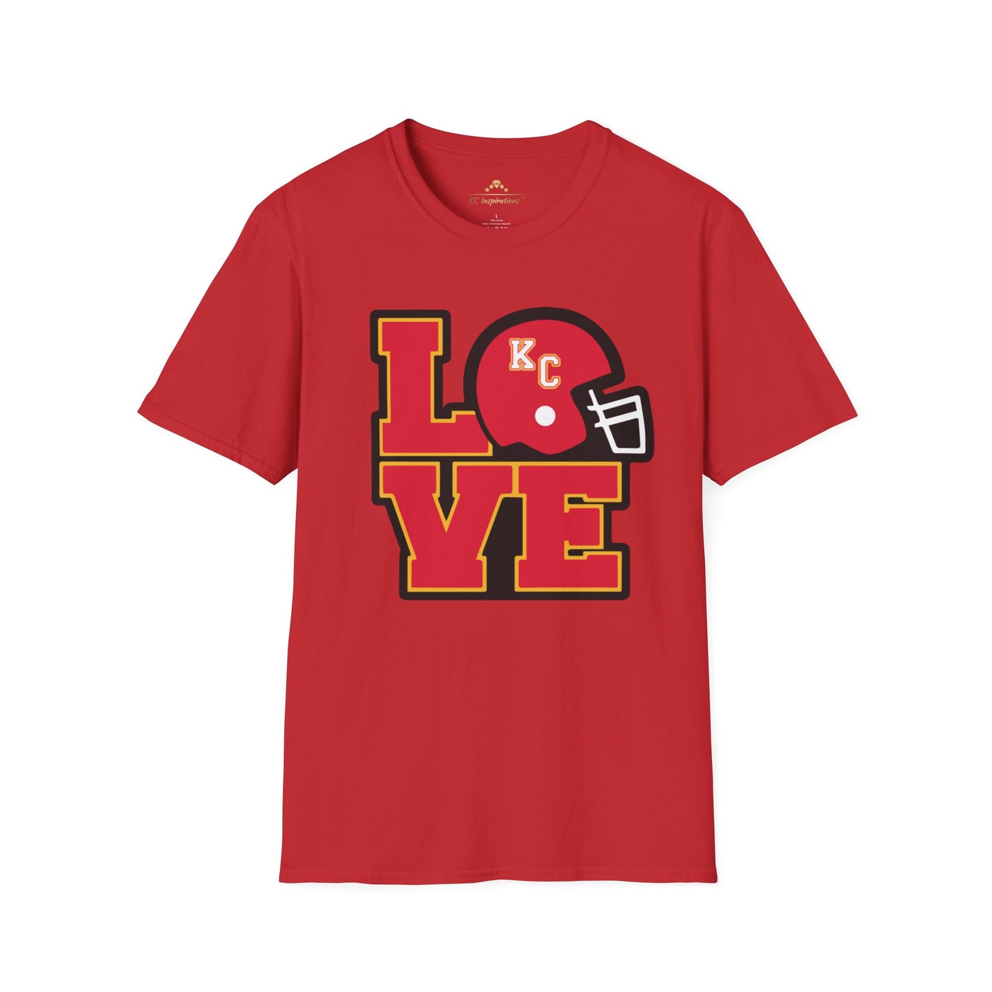 This black LOVE KC - Modern - Kansas City Chiefs Inspired T-Shirt by KC Inspirations features the word "LOVE" in large, bold red and yellow letters. The "O" is replaced by a red football helmet with a white facemask and "KC" on it, making it perfect fan gear for any Kansas City Chiefs supporter.