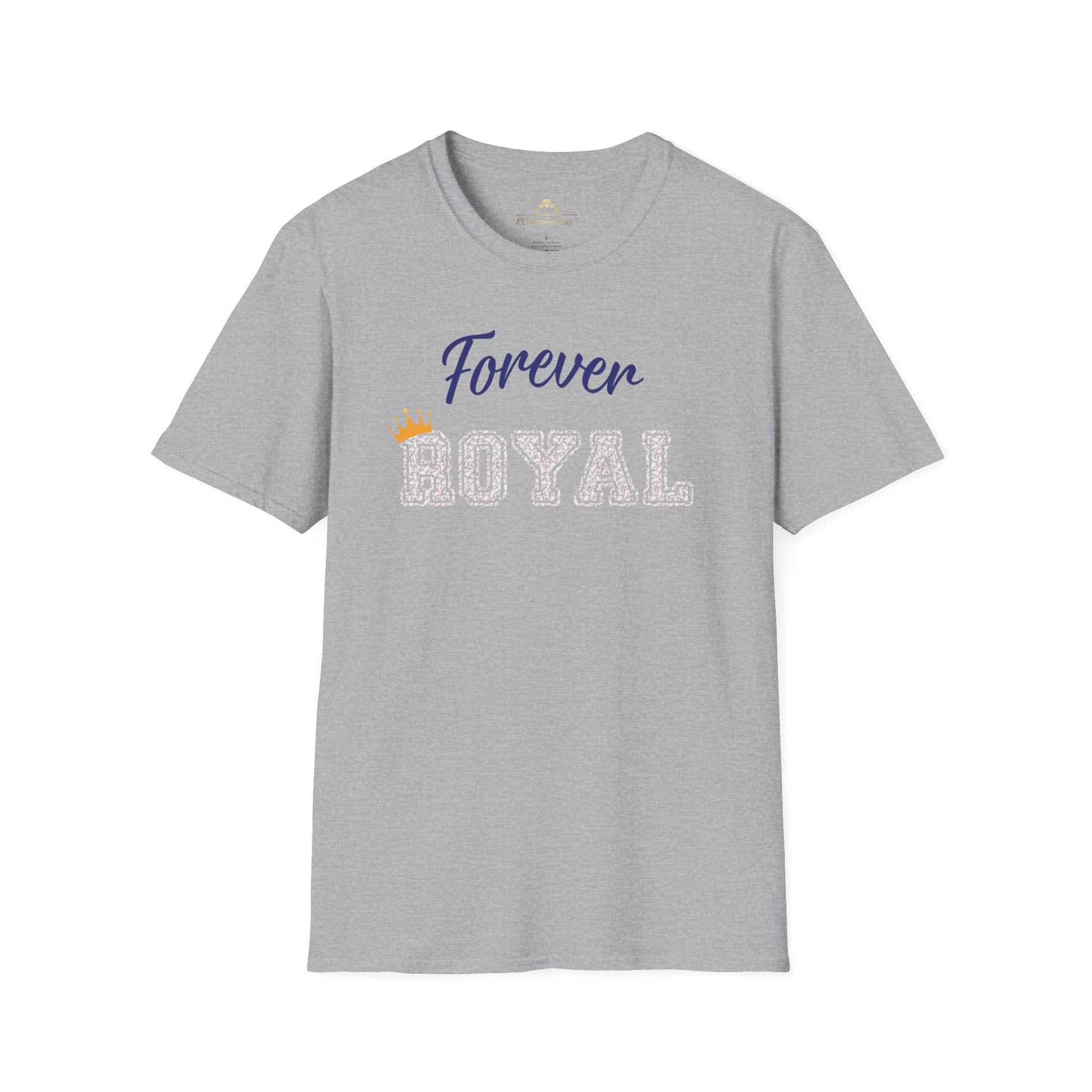 A gray t-shirt from the KC Inspirations collection featuring the text "Forever Royal" printed on the front in blue and white letters, with a small crown accent above "Royal," perfect for Kansas City Royals fans. The product, Forever Royal Baseball - Kansas City Royals Inspired T-Shirt, embodies team spirit and pride.