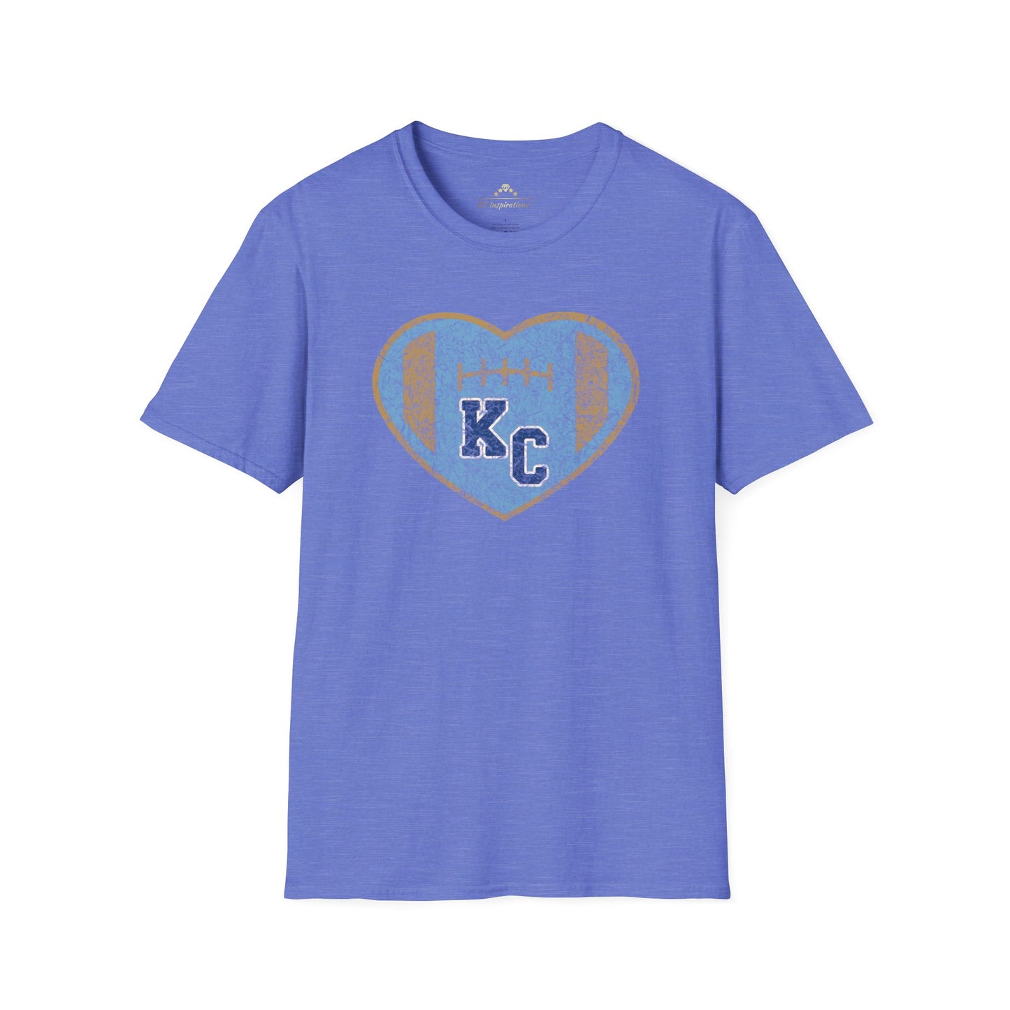 Blue short-sleeve t-shirt featuring a large Kansas City Royals heart graphic on the chest. Inside the heart are the letters "KC" set against a baseball-inspired background, perfect for showing off your Royals fandom. The shirt maintains a simple crew neck style. This is the Vintage KC Heart Blue & Gold - Kansas City Royals Inspired T-Shirt by KC Inspirations.