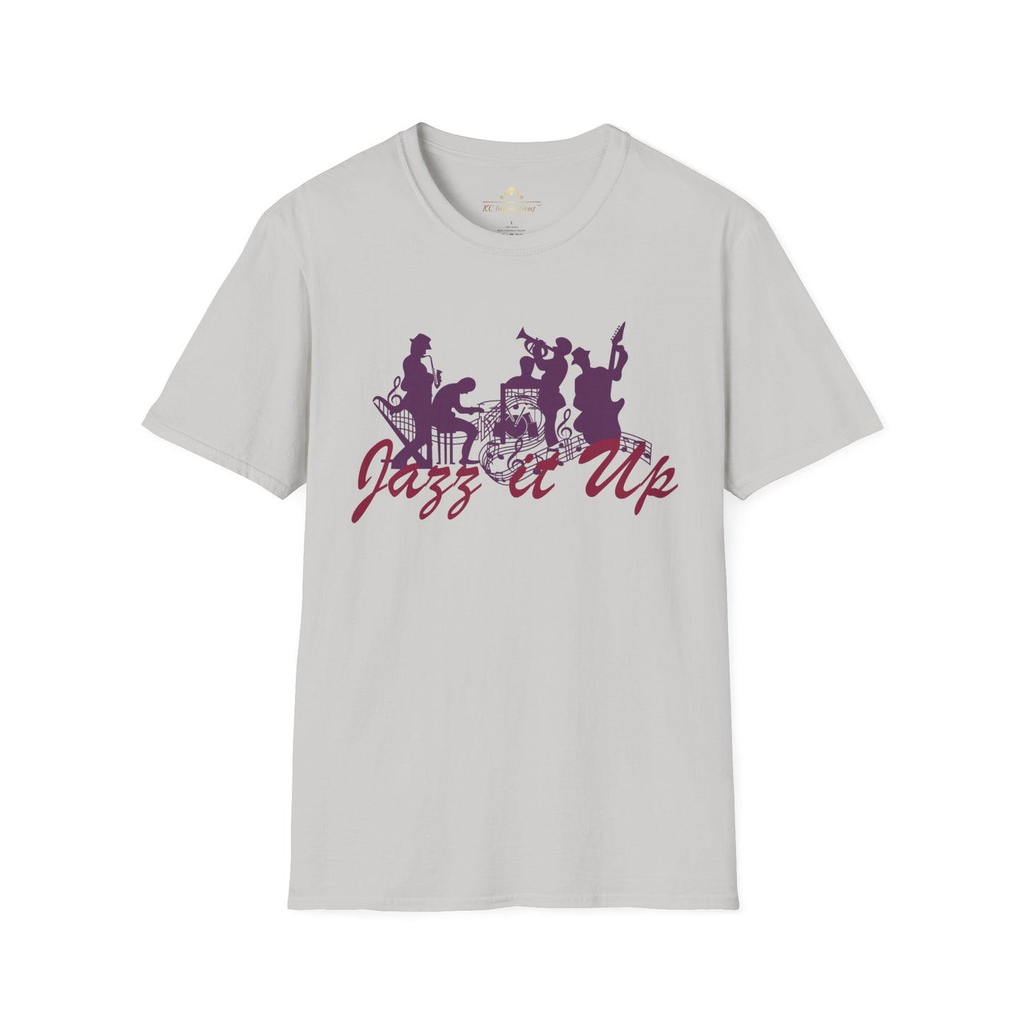 Teal-colored t-shirt featuring the silhouette of jazz musicians and dancers in purple. The text "Jazz it Up" is prominently displayed in stylish purple lettering underneath the silhouettes, making this KC Inspirations Jazz It Up - K.C. Jazz Inspired T-Shirt a tribute to the vibrant KC Jazz scene.