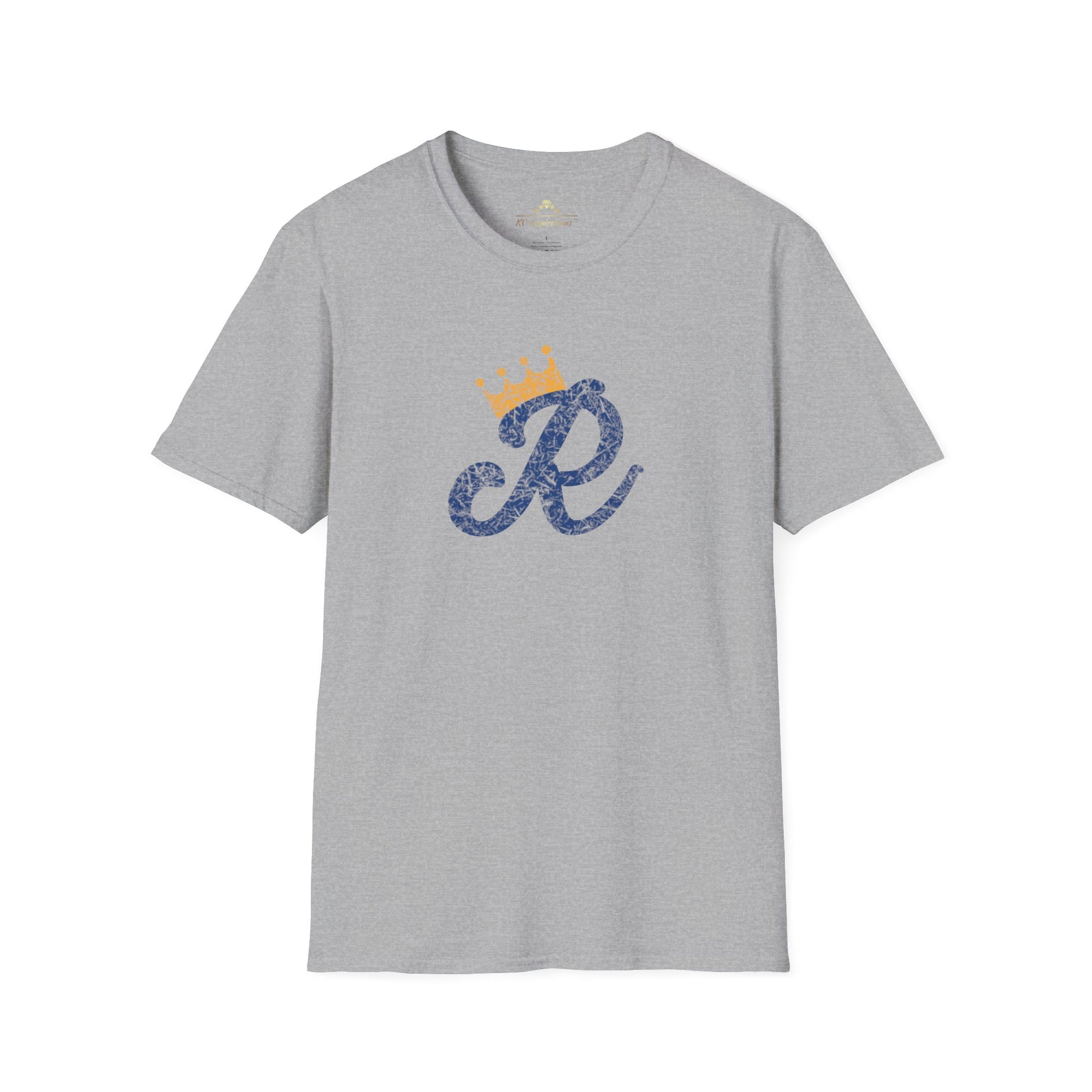 A Royal Monogram - Kansas City Royals Inspired T-Shirt by KC Inspirations in blue features a stylized letter "R" in dark blue textured print on the front, with a small golden crown above it. Perfect for Royals fandom, this short-sleeved tee has a classic crew neckline.