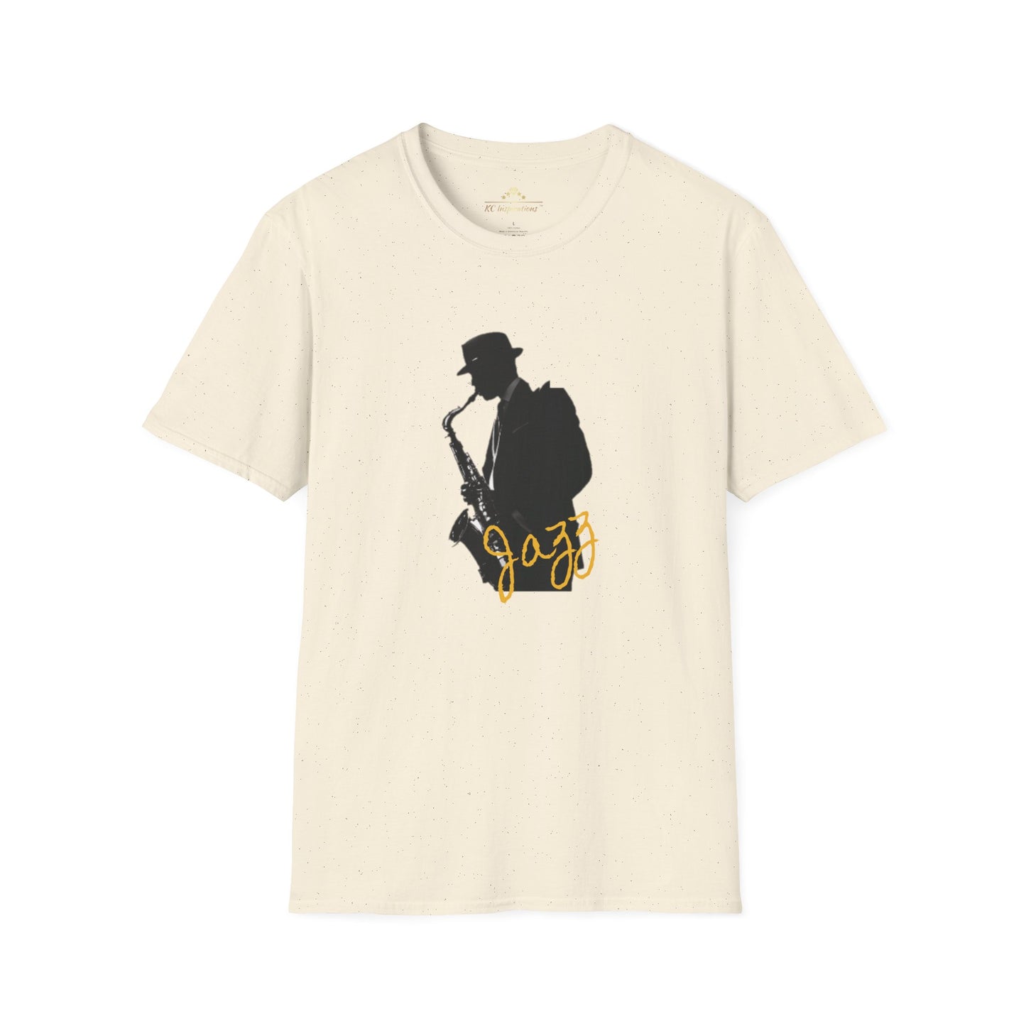 The Saxophonist - KC Jazz Inspired T-Shirt by KC Inspirations is a blue t-shirt featuring a black silhouette of a saxophonist wearing a hat, with the word "Jazz" written in white cursive text below the image. Perfect for music lovers and fans of Kansas City Jazz.