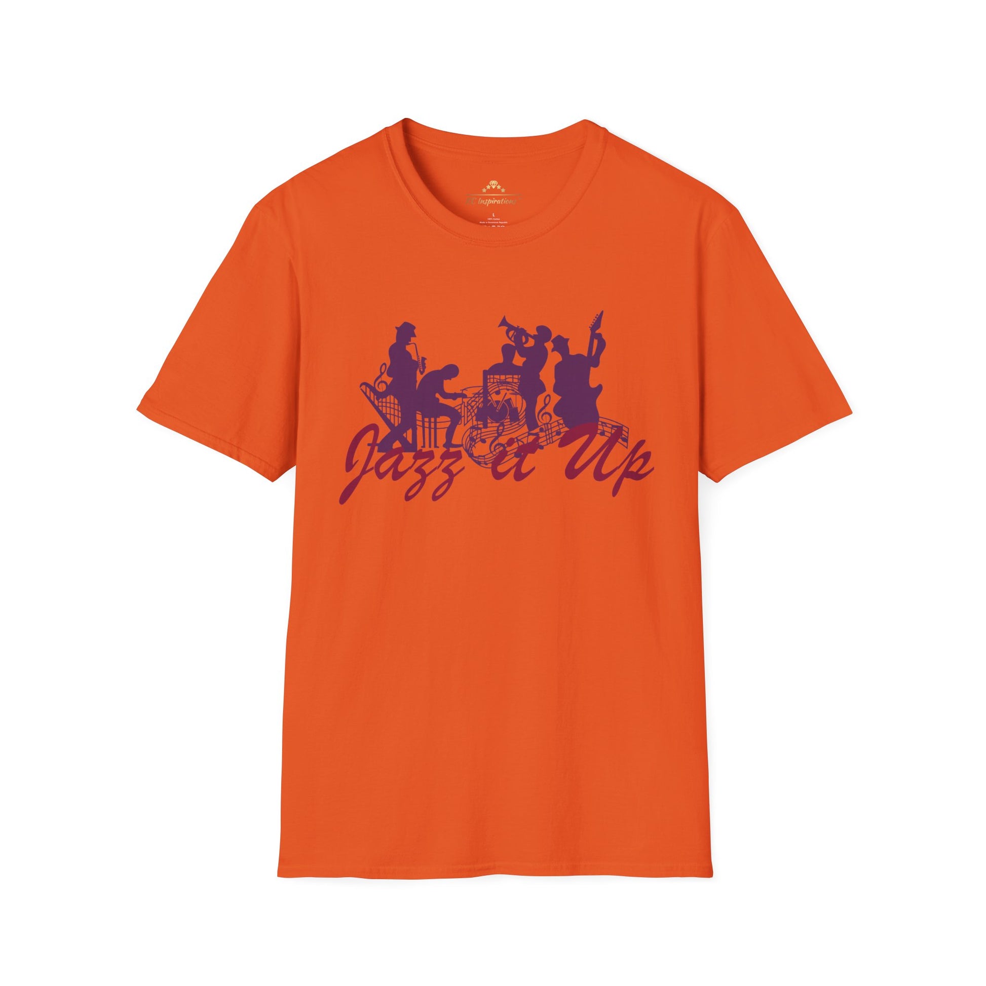 Teal-colored t-shirt featuring the silhouette of jazz musicians and dancers in purple. The text "Jazz it Up" is prominently displayed in stylish purple lettering underneath the silhouettes, making this KC Inspirations Jazz It Up - K.C. Jazz Inspired T-Shirt a tribute to the vibrant KC Jazz scene.