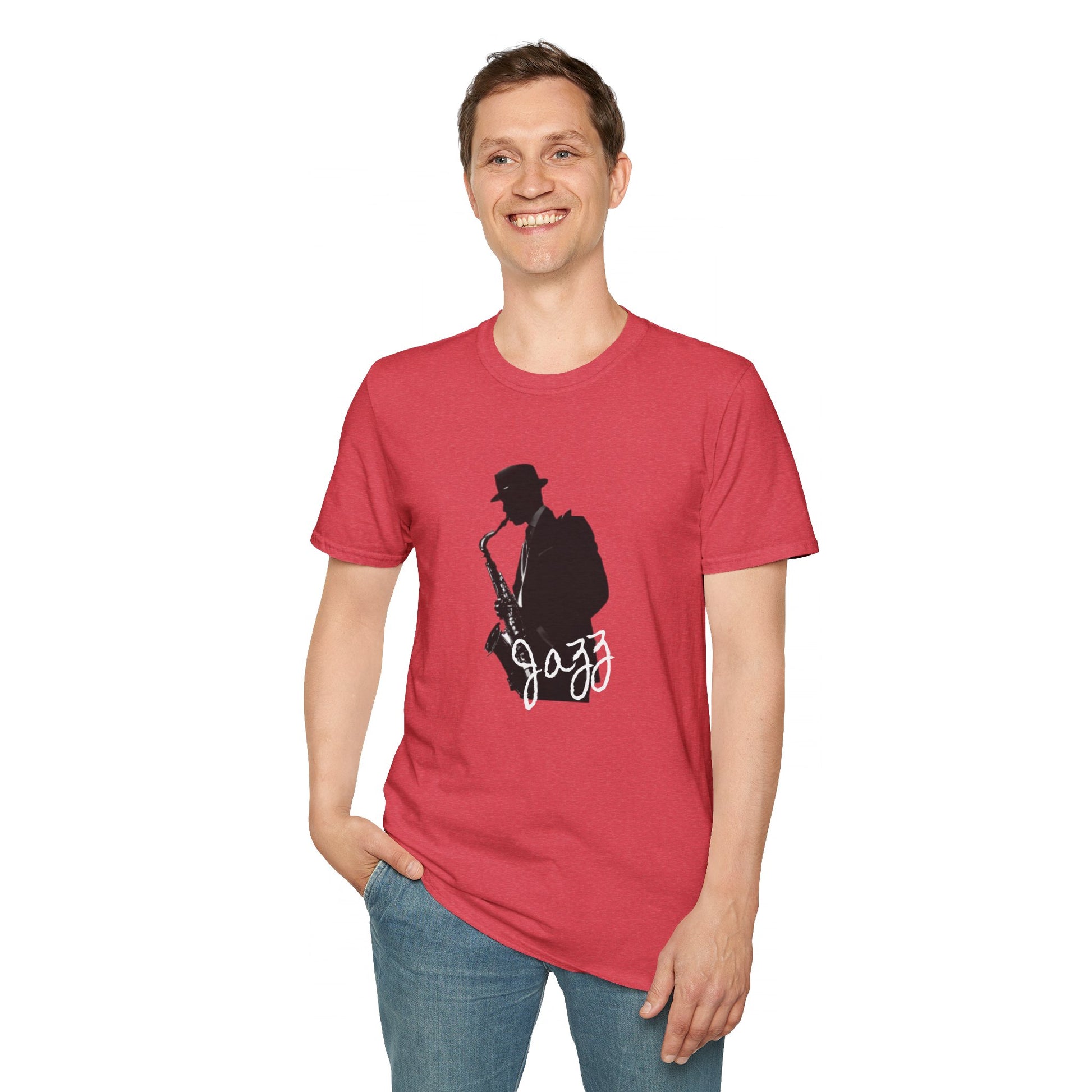 The Saxophonist - KC Jazz Inspired T-Shirt by KC Inspirations is a blue t-shirt featuring a black silhouette of a saxophonist wearing a hat, with the word "Jazz" written in white cursive text below the image. Perfect for music lovers and fans of Kansas City Jazz.