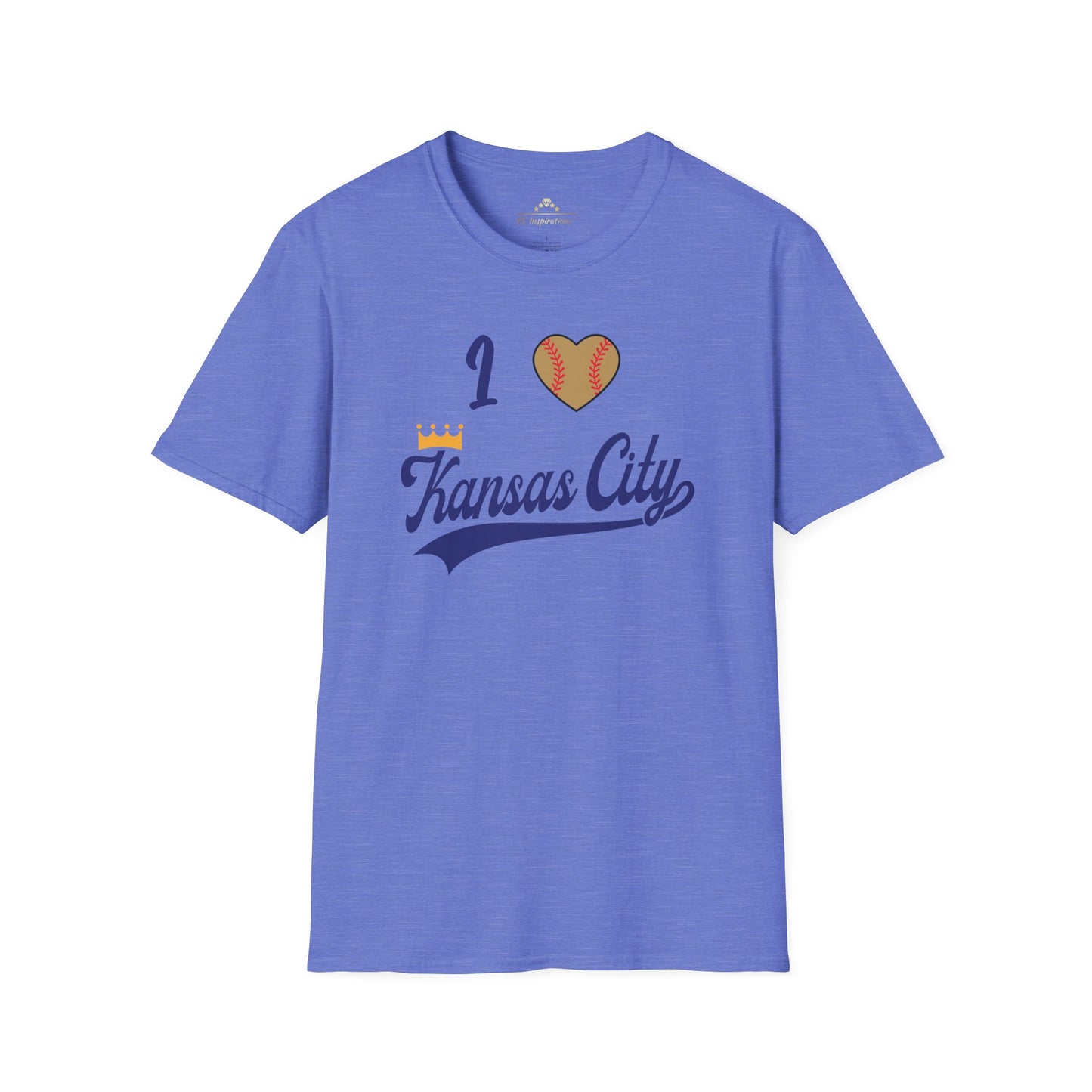 A light gray "I Heart Kansas City - Kansas City Royals Inspired T-Shirt" by KC Inspirations showcases team spirit with the text "I (heart) Kansas City" in blue script, where the heart is designed to resemble a baseball. Positioned across the chest, this Kansas City Royals-inspired design lays flat against a white background.