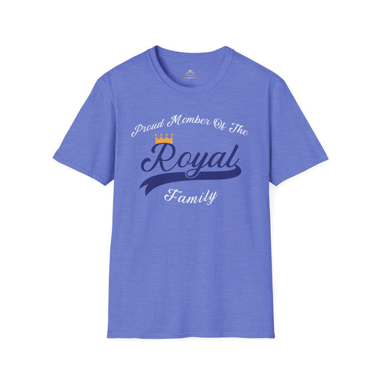 A light blue Member Of The Royal Family - Kansas City Royals Inspired T-Shirt by KC Inspirations features white and dark blue text proclaiming, "Proud Member of The Royal Family," complete with a small crown above "Royal," capturing team spirit in true Kansas City Royals style.