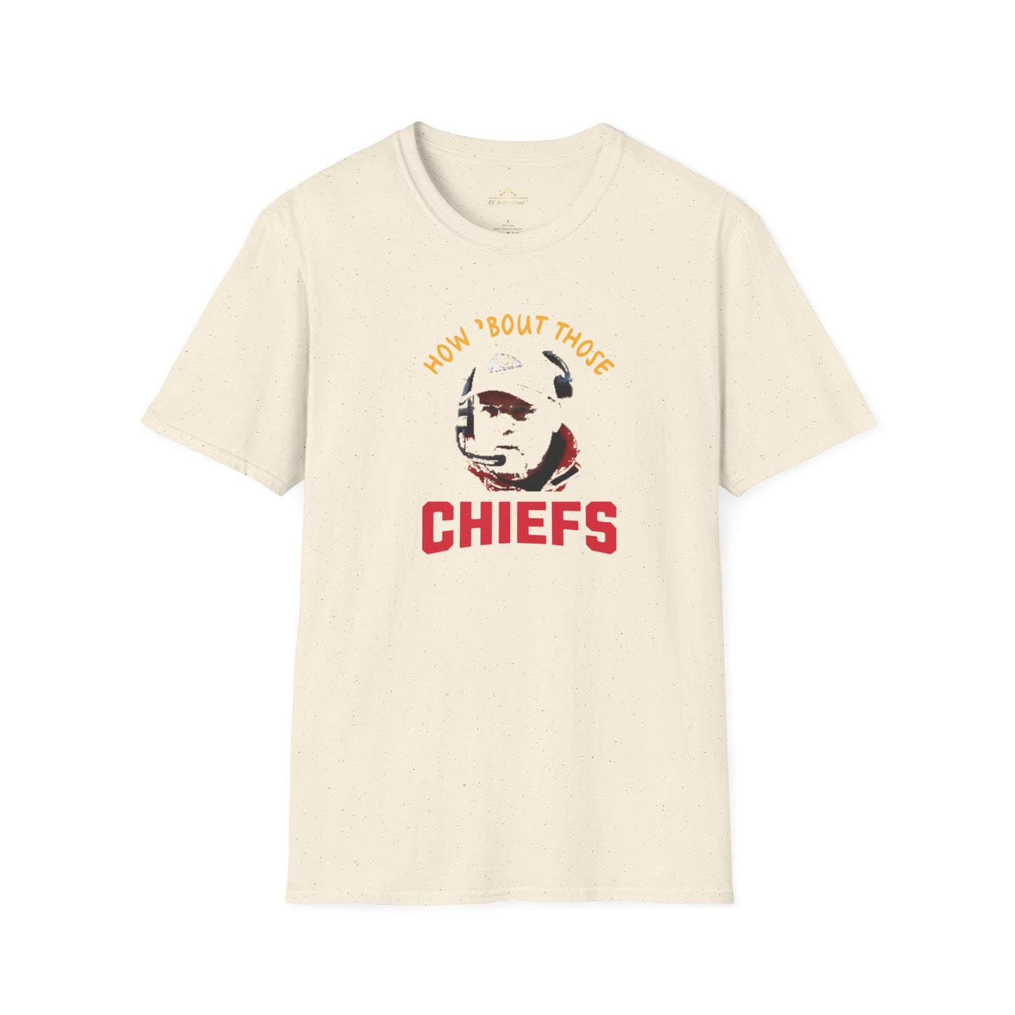 The Printify How 'Bout Those Chiefs - Kansas City Chiefs Inspired T-Shirt: Red featuring the text "HOW 'BOUT THOSE CHIEFS" in yellow and red above a stylized image of Andy Reid's face. The word "CHIEFS" is prominently displayed in large red letters beneath the image.