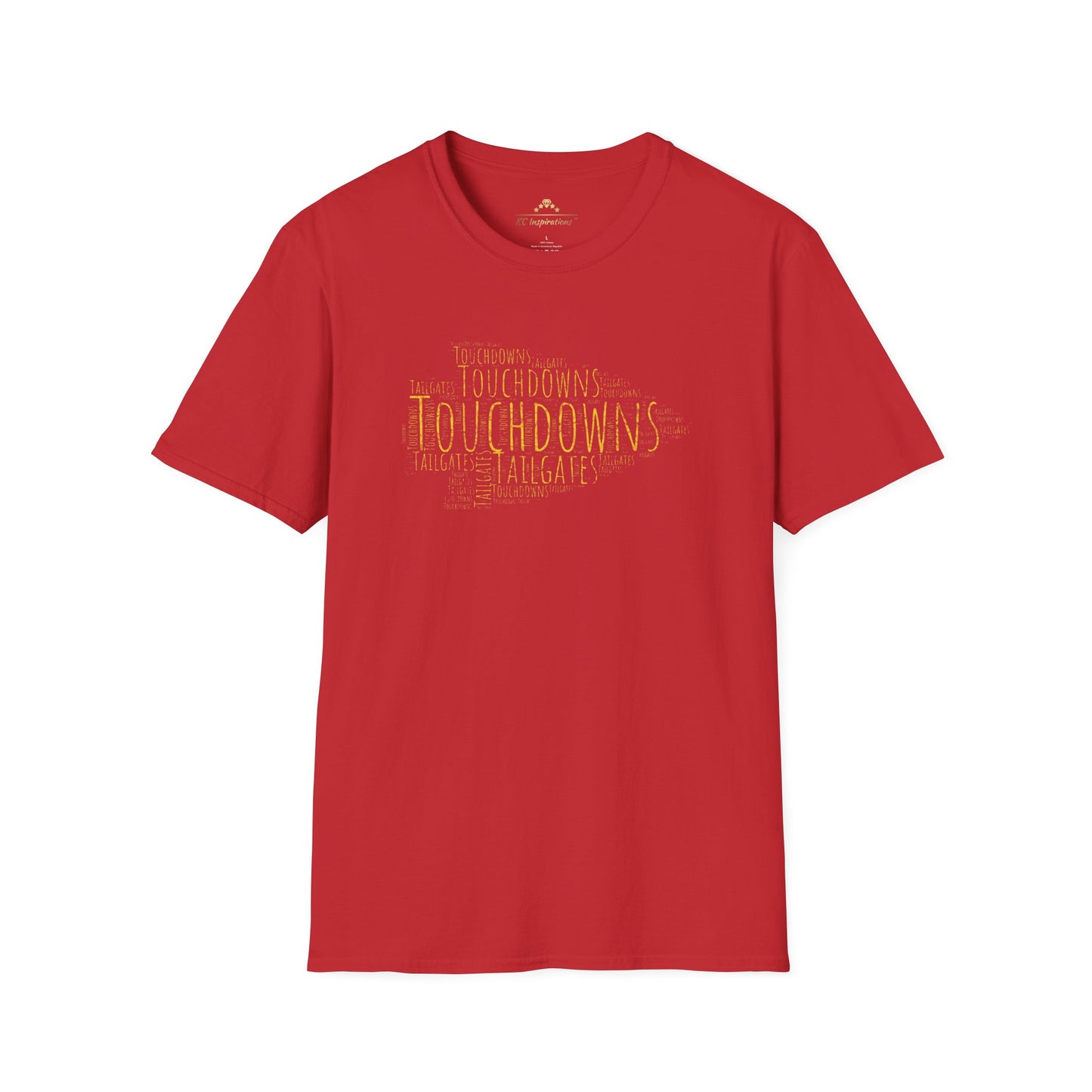 A red Tailgates & Touchdowns Arrow - Kansas City Chiefs Inspired T-Shirt with gold word art forming the shape of a U.S. state. The words "Tailgates & Touchdowns" are prominently featured along with other football-related terms, perfect fan gear for Kansas City Chiefs enthusiasts from KC Inspirations.