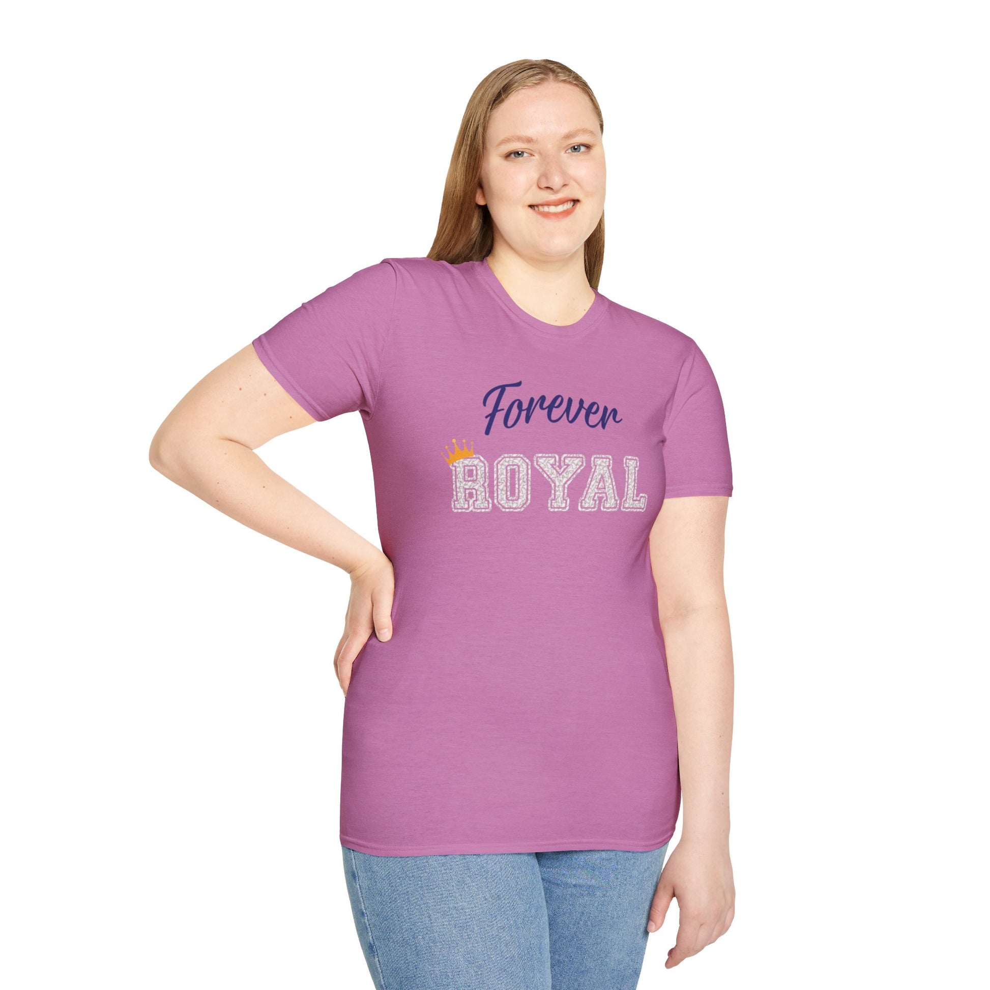 A gray t-shirt from the KC Inspirations collection featuring the text "Forever Royal" printed on the front in blue and white letters, with a small crown accent above "Royal," perfect for Kansas City Royals fans. The product, Forever Royal Baseball - Kansas City Royals Inspired T-Shirt, embodies team spirit and pride.