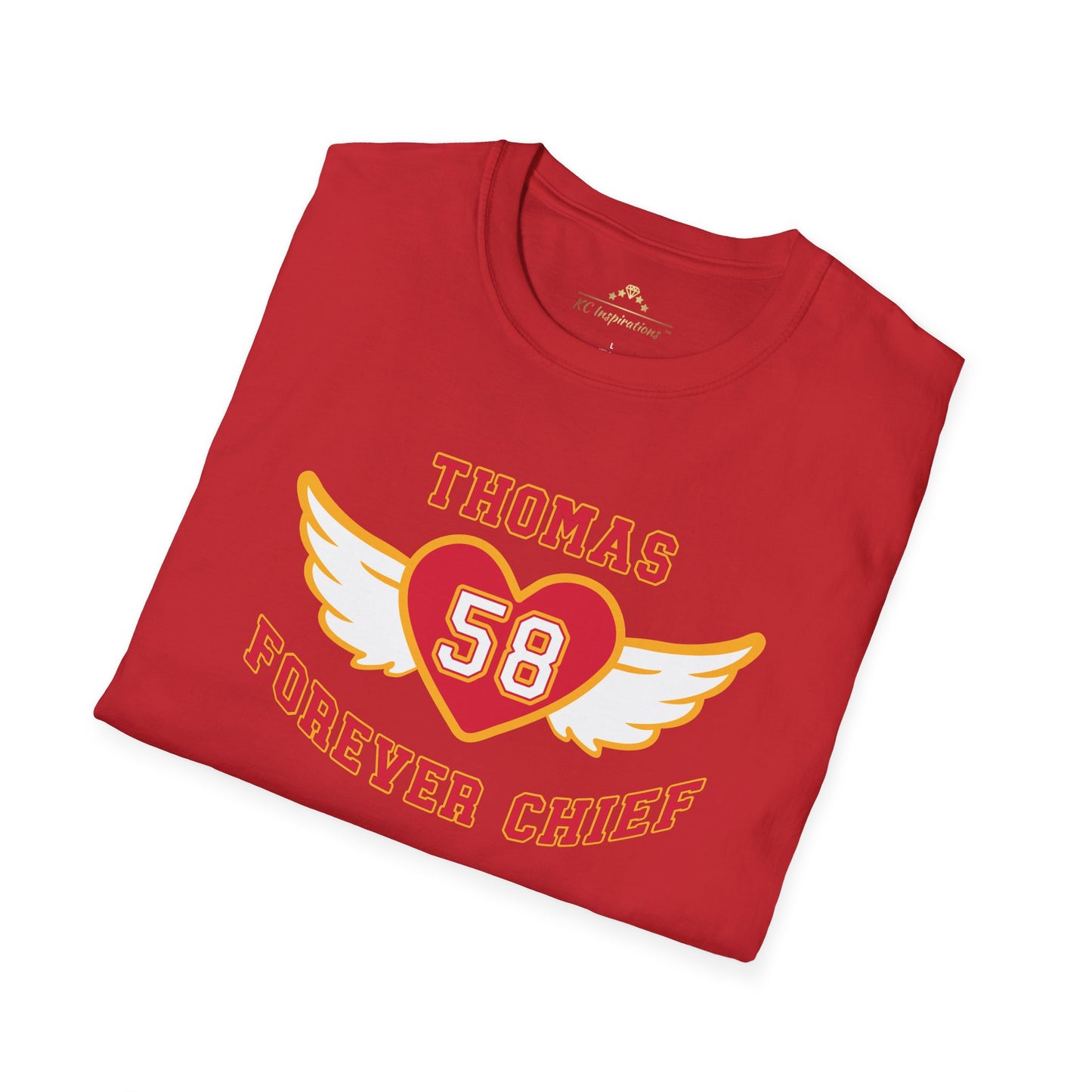 a red unisex t-shirt with graphics that say Thomas Forever Chief with a heart and angel wings and the number 58 inside the heart