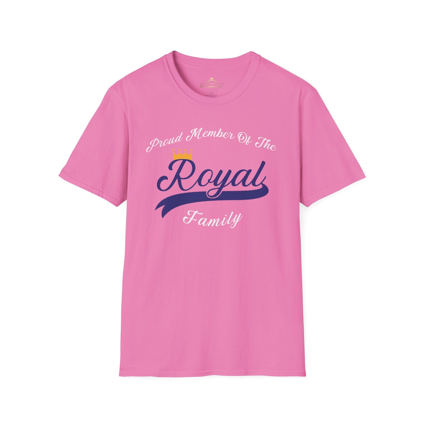 A light blue Member Of The Royal Family - Kansas City Royals Inspired T-Shirt by KC Inspirations features white and dark blue text proclaiming, "Proud Member of The Royal Family," complete with a small crown above "Royal," capturing team spirit in true Kansas City Royals style.